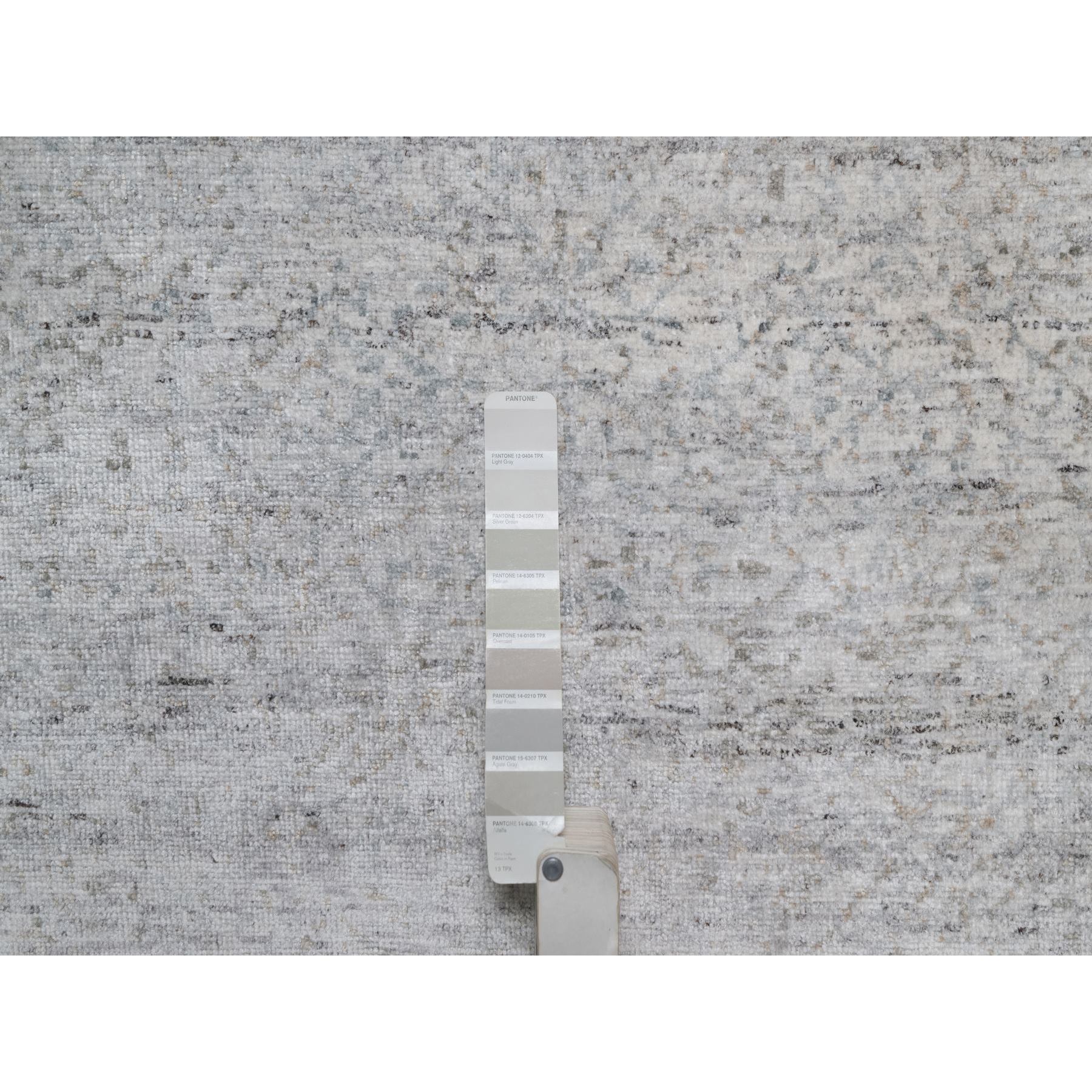 8'1"x10'2" Light Gray with Soft Colors, Nepali Weave, Modern Design, Undyed Natural Wool, Shaved Low, Tone on Tone, Hand Knotted, Oriental Rug Sh91409