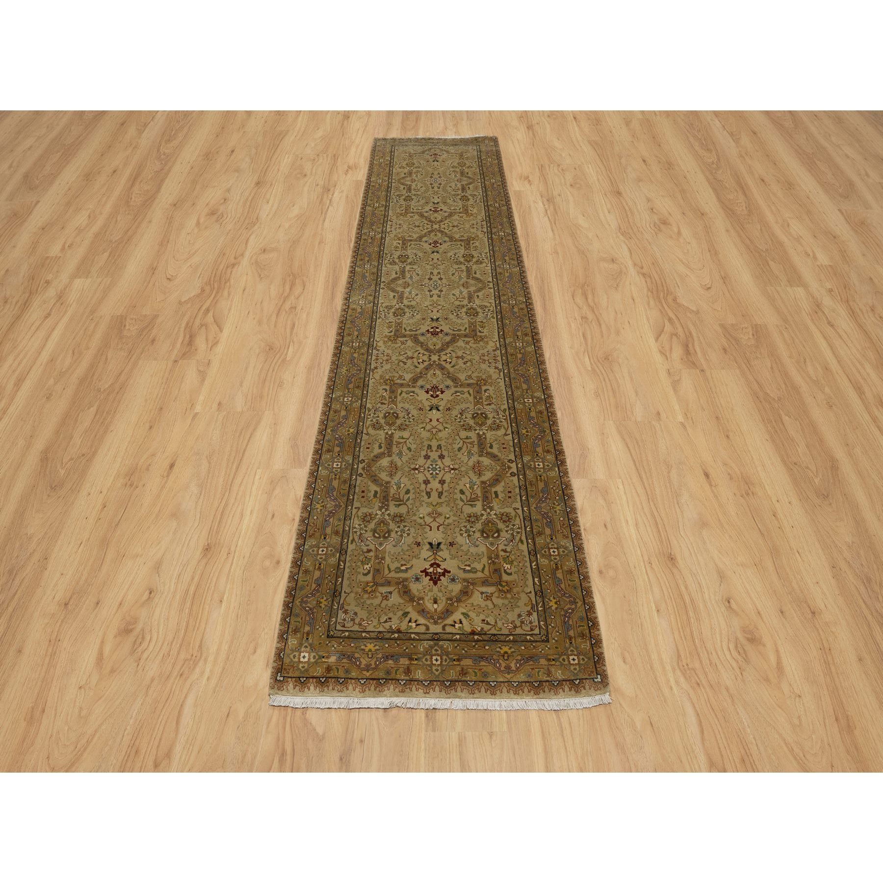 2'10"x12' Peanut Brown, Tabriz Revival, 300 KPSI, Hand Spun New Zealand Wool and Silk, Denser Weave, Hand Knotted, Thick and Plush, Runner, Oriental Rug Sh91410