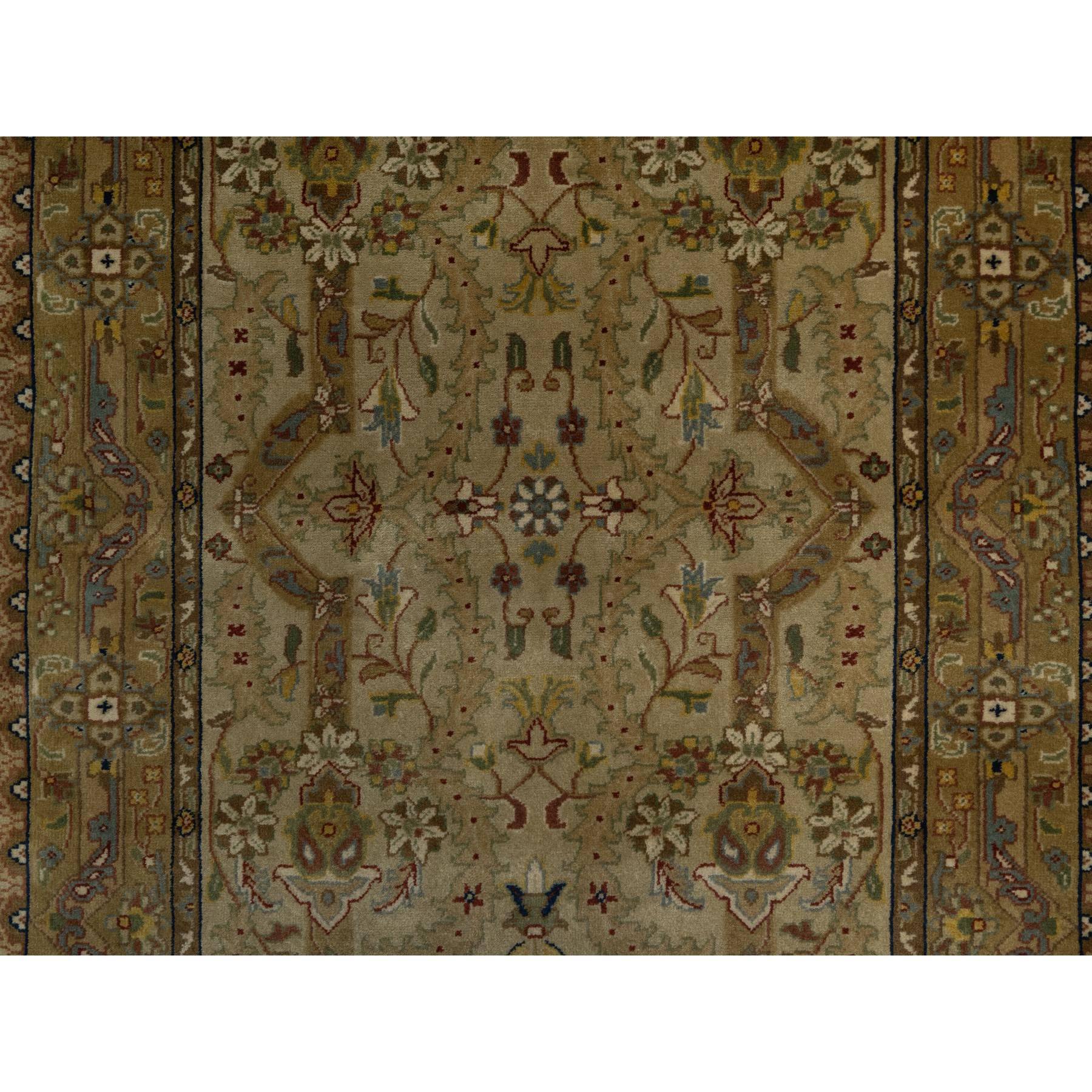 2'10"x12' Peanut Brown, Tabriz Revival, 300 KPSI, Hand Spun New Zealand Wool and Silk, Denser Weave, Hand Knotted, Thick and Plush, Runner, Oriental Rug Sh91410