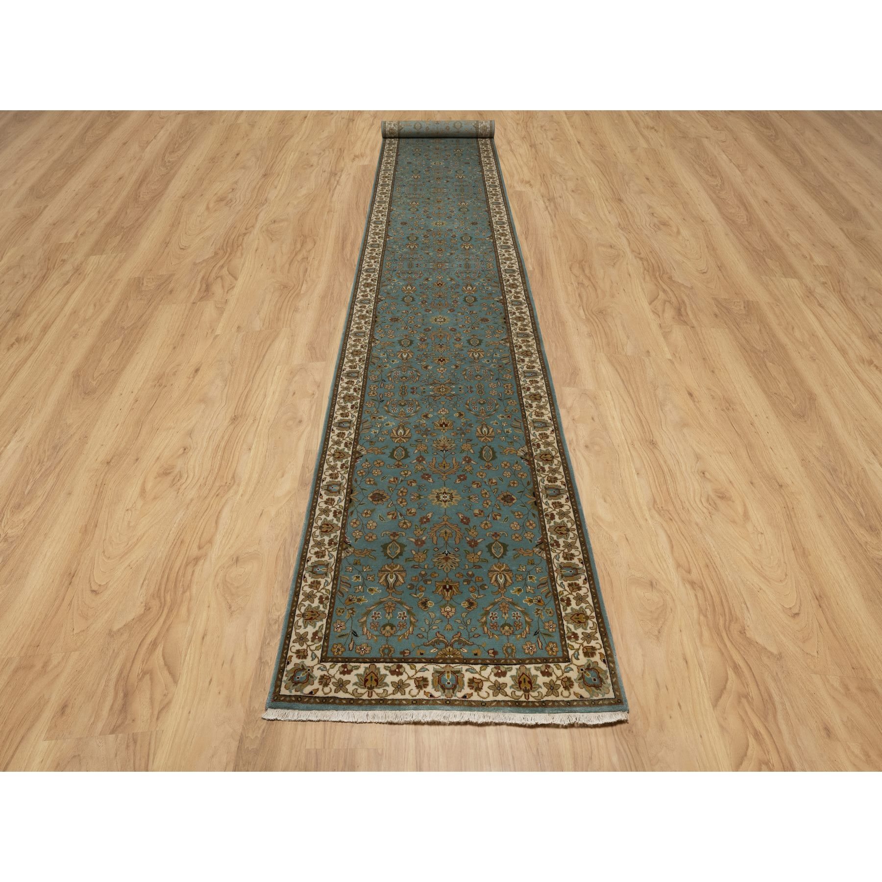 3'2"x19'7" Aegean Blue, Tabriz Revival, Hand Knotted, Hand Spun New Zealand Wool, 300 KPSI, XL Runner, Oriental Rug Sh91412
