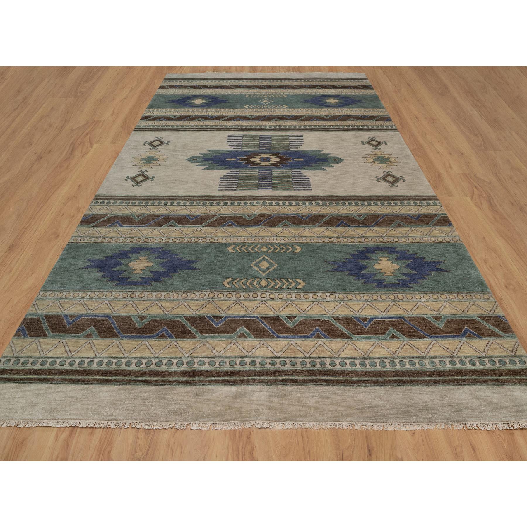 10'x14'1" Beige, Southwestern American Indian Design with Piled Construction, Plush and Lush, Hand Knotted, Pure Wool, Oriental Rug Sh91413