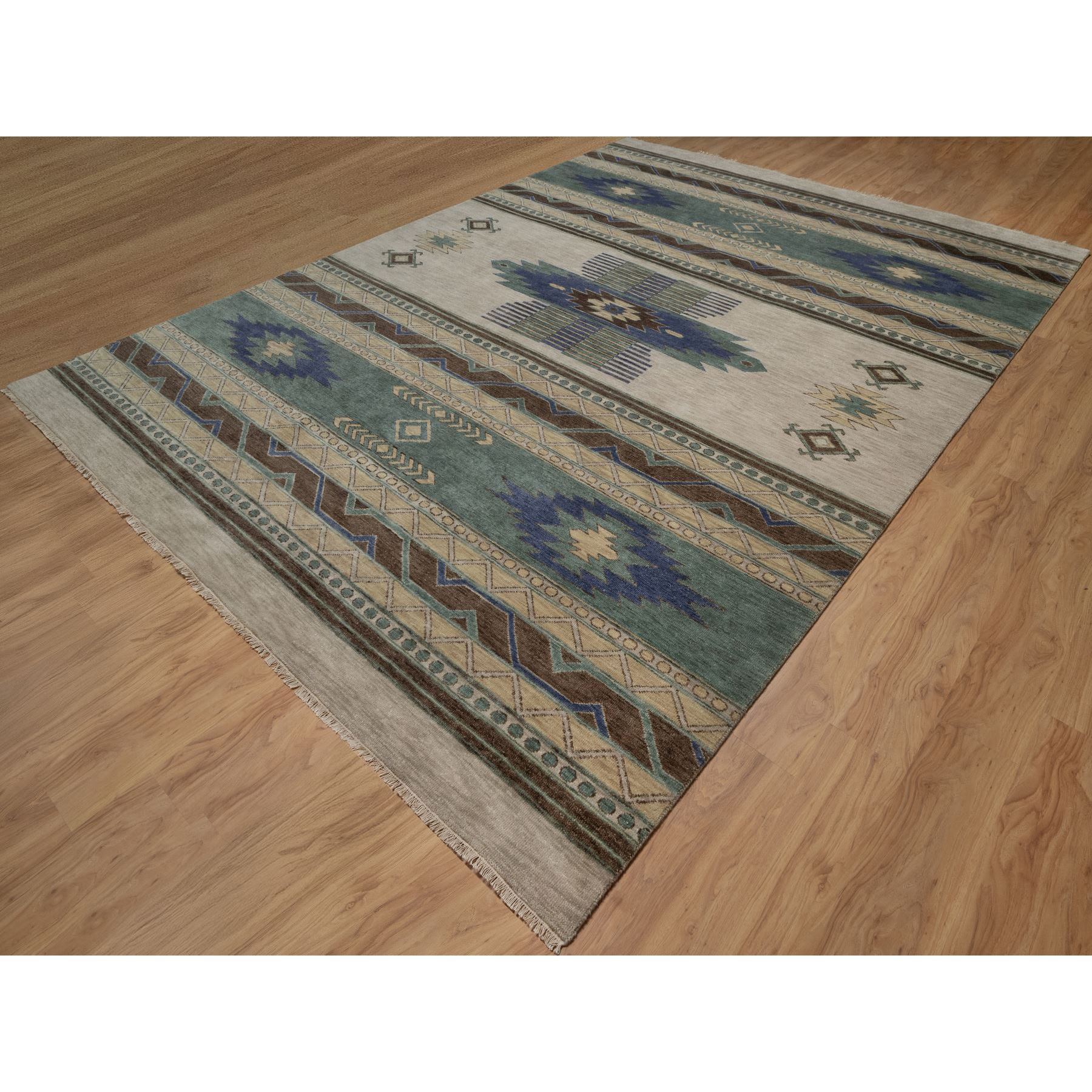 10'x14'1" Beige, Southwestern American Indian Design with Piled Construction, Plush and Lush, Hand Knotted, Pure Wool, Oriental Rug Sh91413