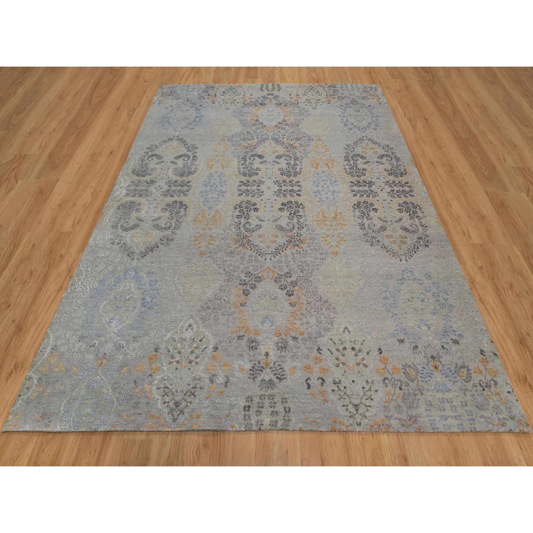 7'10"x10' Medium Gray, Jewelry Design, Wool with Textured Silk, Tone on Tone, Transitional, Hand Knotted, Oriental Rug Sh91414