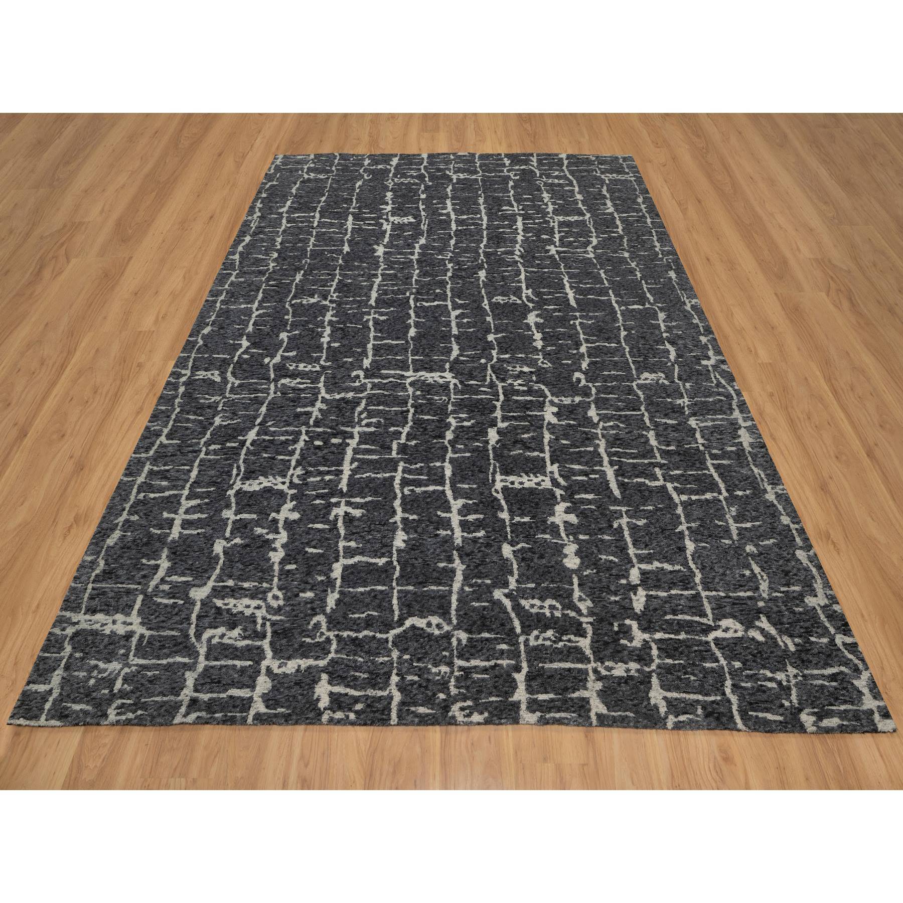 8'x10'1" Charcoal Black, Nepali Weave, Modern Design, Pure Wool, Hand Knotted, Densely Woven, Oriental Rug Sh91419