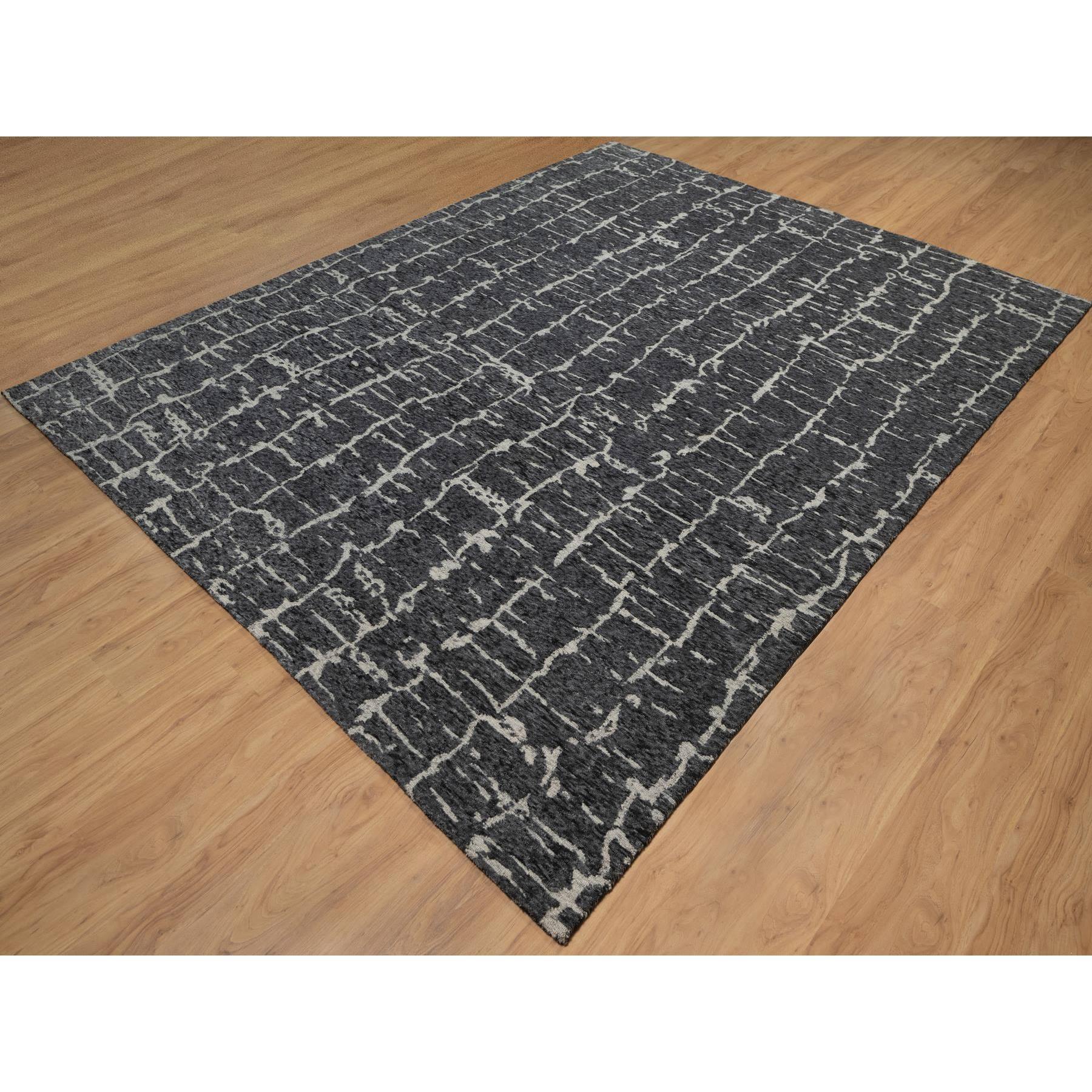 8'x10'1" Charcoal Black, Nepali Weave, Modern Design, Pure Wool, Hand Knotted, Densely Woven, Oriental Rug Sh91419
