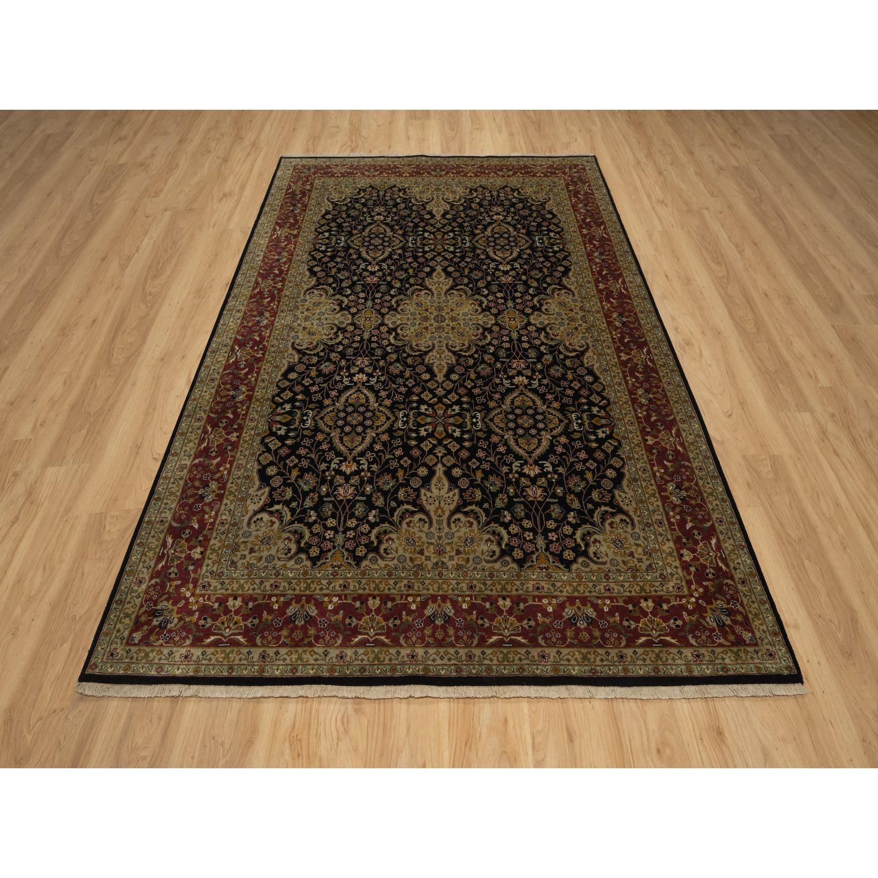 6'x8'10" Onyx Black, Intricate Kashan Revival, Hand Spun New Zealand Wool, 300 KPSI, Hand Knotted, Oriental Rug Sh91421
