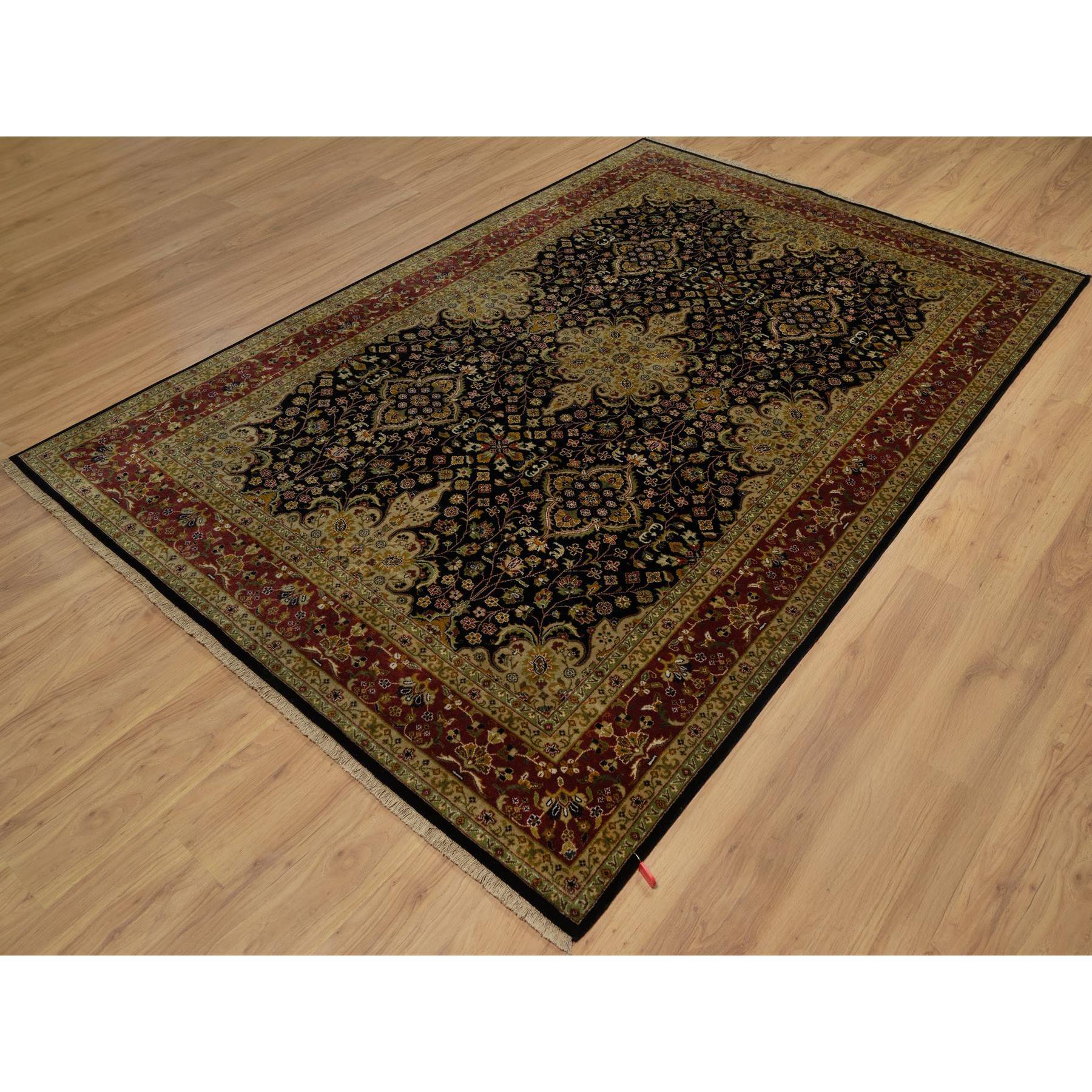 6'x8'10" Onyx Black, Intricate Kashan Revival, Hand Spun New Zealand Wool, 300 KPSI, Hand Knotted, Oriental Rug Sh91421
