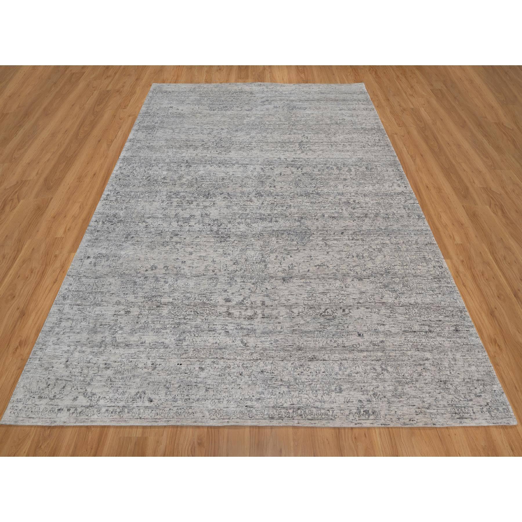 7'10"x10' Porcelain White with Soft Colors, Nepali Weave, Modern Design, Undyed Natural Wool, Shaved Low, Tone on Tone, Hand Knotted, Oriental Rug Sh91423