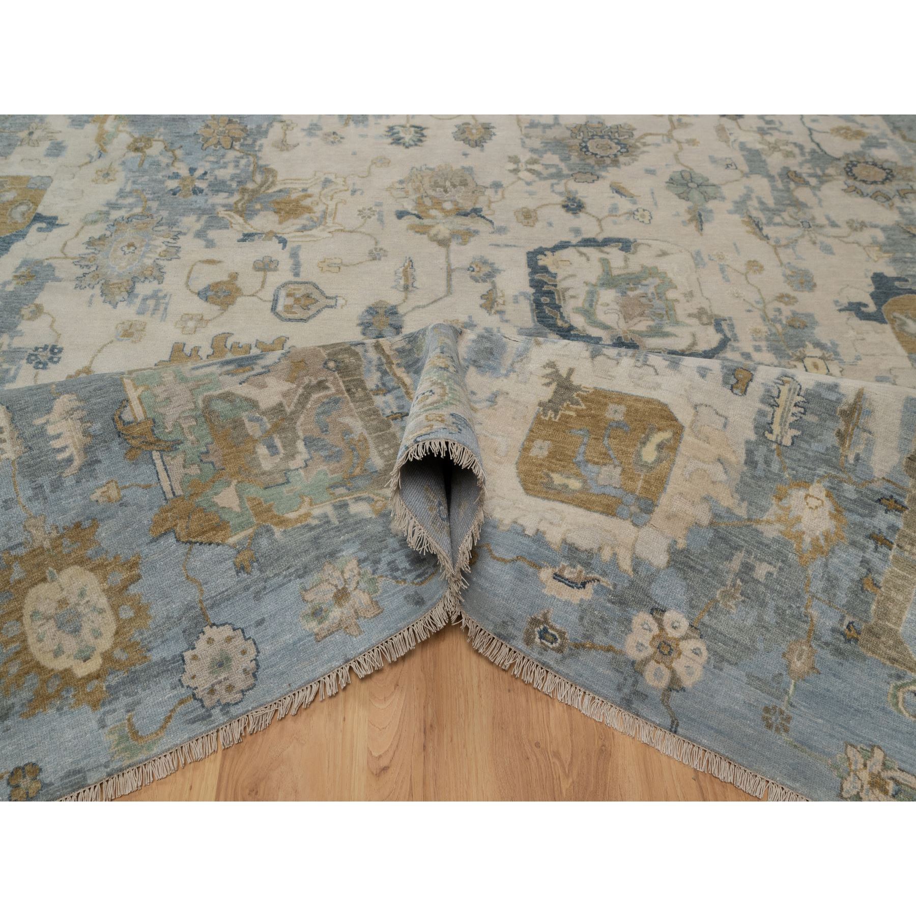 9'2"x12' Swan White and Blue, Broken Pattern with Oushak Design, 100% Wool, Hand Knotted, Borderless, Oriental Rug Sh91424