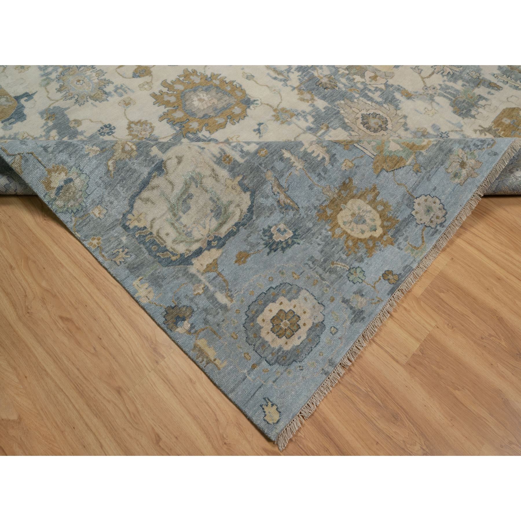 9'2"x12' Swan White and Blue, Broken Pattern with Oushak Design, 100% Wool, Hand Knotted, Borderless, Oriental Rug Sh91424