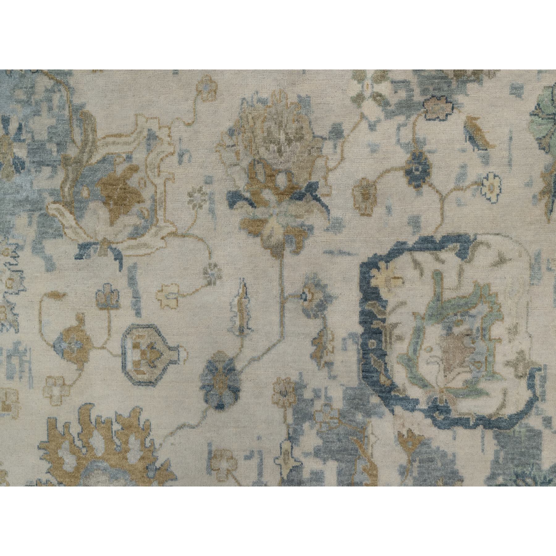 9'2"x12' Swan White and Blue, Broken Pattern with Oushak Design, 100% Wool, Hand Knotted, Borderless, Oriental Rug Sh91424