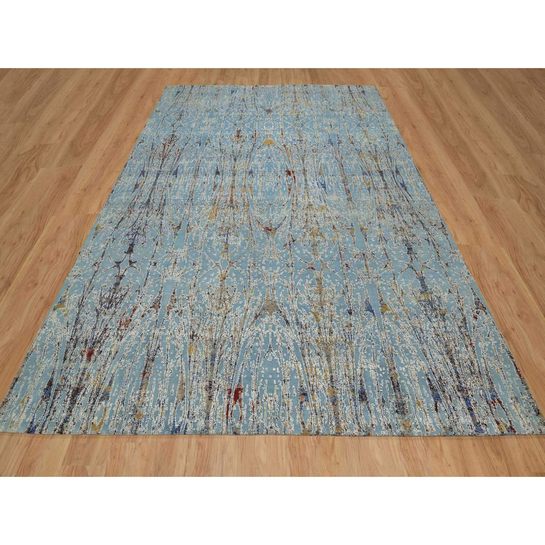 9'1"x12' Cloud Blue, Modern with Bamboo Cane Design, Wool and Silk, Soft Pile, Hand Knotted, Oriental Rug Sh91428