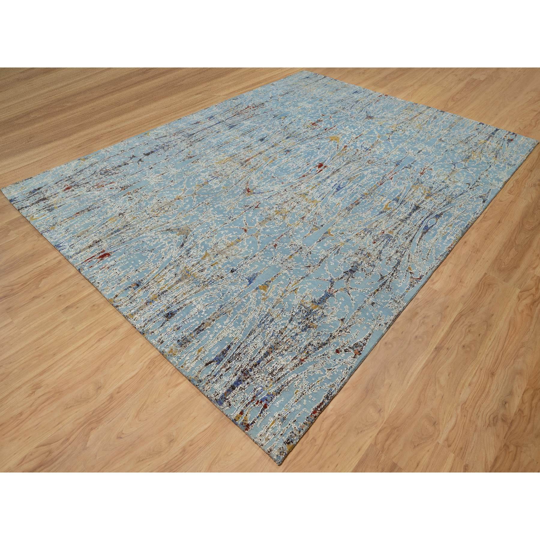 9'1"x12' Cloud Blue, Modern with Bamboo Cane Design, Wool and Silk, Soft Pile, Hand Knotted, Oriental Rug Sh91428