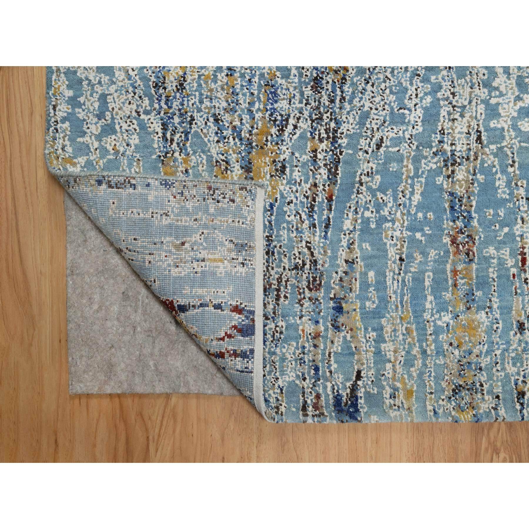 9'1"x12' Cloud Blue, Modern with Bamboo Cane Design, Wool and Silk, Soft Pile, Hand Knotted, Oriental Rug Sh91428
