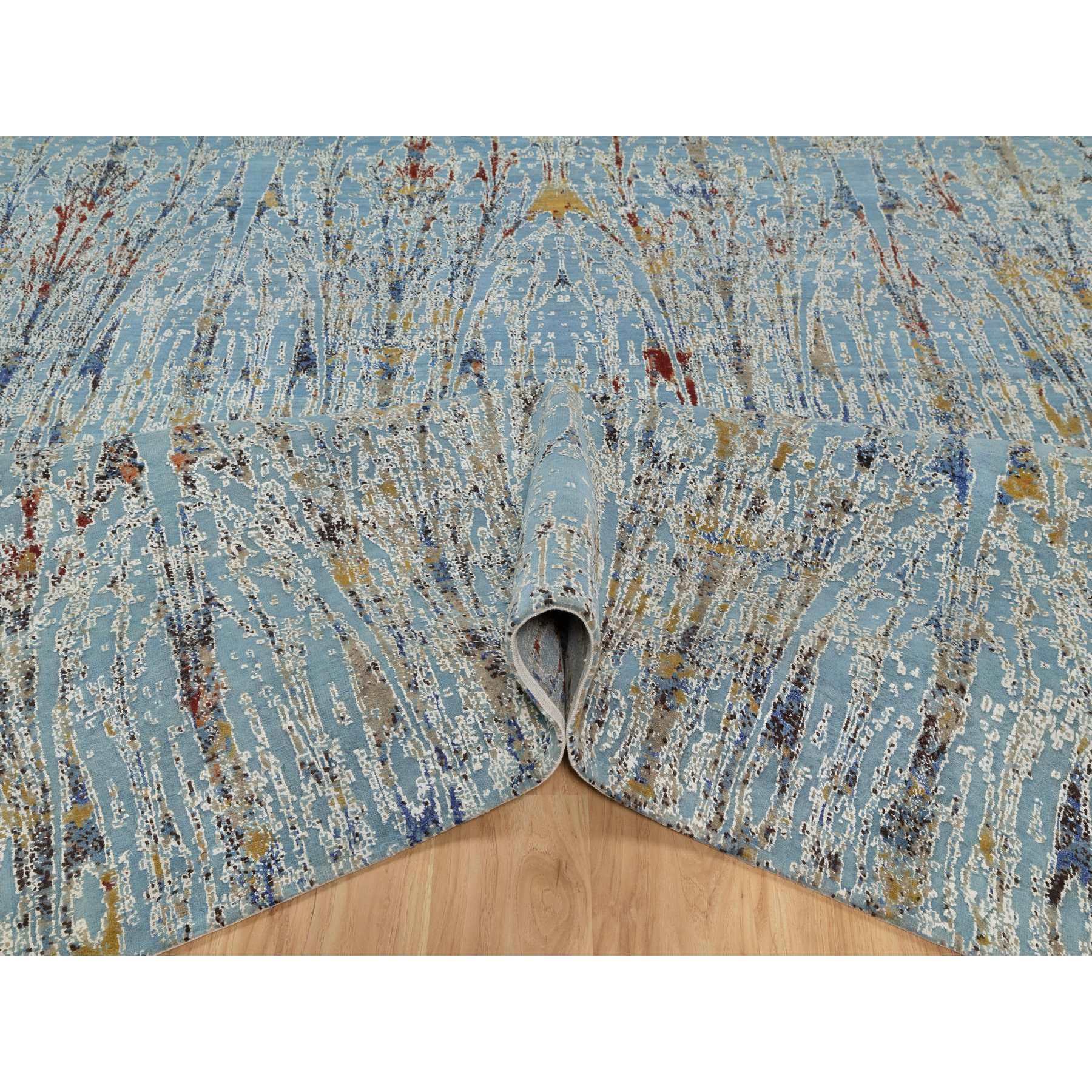9'1"x12' Cloud Blue, Modern with Bamboo Cane Design, Wool and Silk, Soft Pile, Hand Knotted, Oriental Rug Sh91428