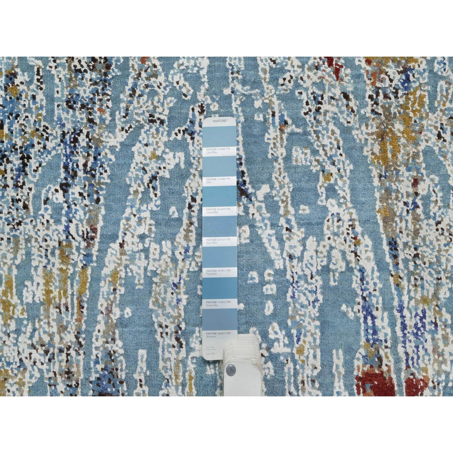 9'1"x12' Cloud Blue, Modern with Bamboo Cane Design, Wool and Silk, Soft Pile, Hand Knotted, Oriental Rug Sh91428