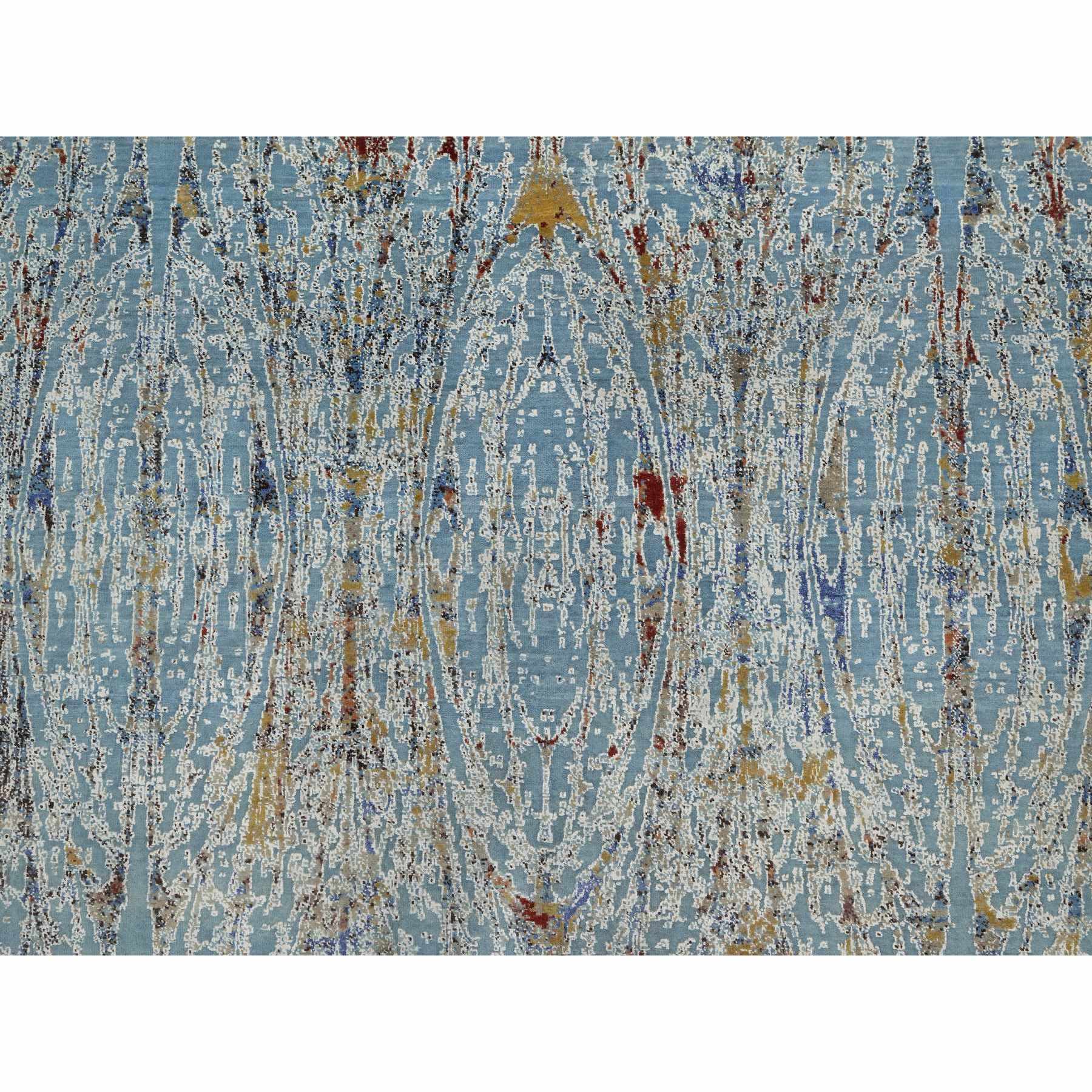 9'1"x12' Cloud Blue, Modern with Bamboo Cane Design, Wool and Silk, Soft Pile, Hand Knotted, Oriental Rug Sh91428