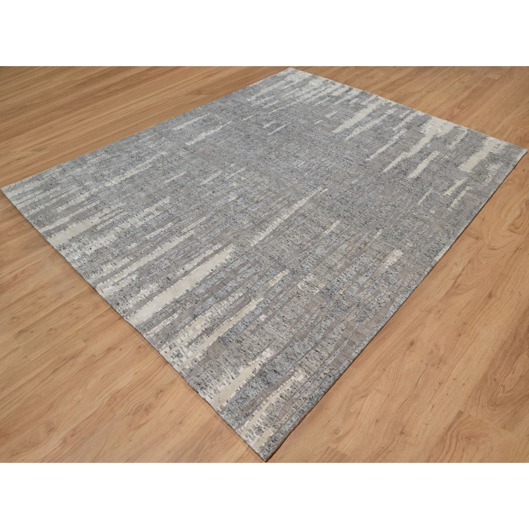 8'1"x10'2" Dove Gray, Nepali Weave with Line Design, Natural Undyed Textured Wool, Hand Knotted, Oriental Rug Sh91429