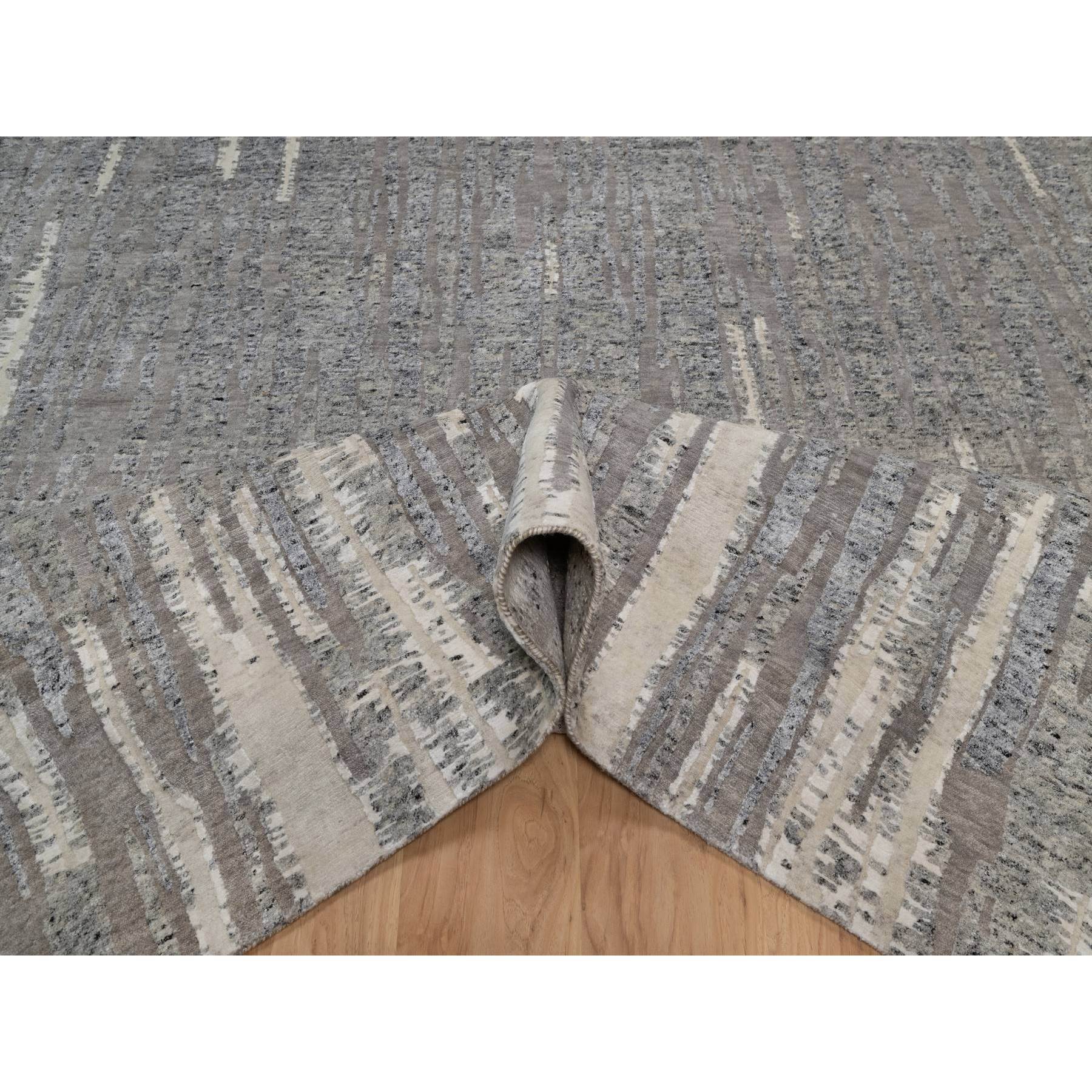 8'1"x10'2" Dove Gray, Nepali Weave with Line Design, Natural Undyed Textured Wool, Hand Knotted, Oriental Rug Sh91429