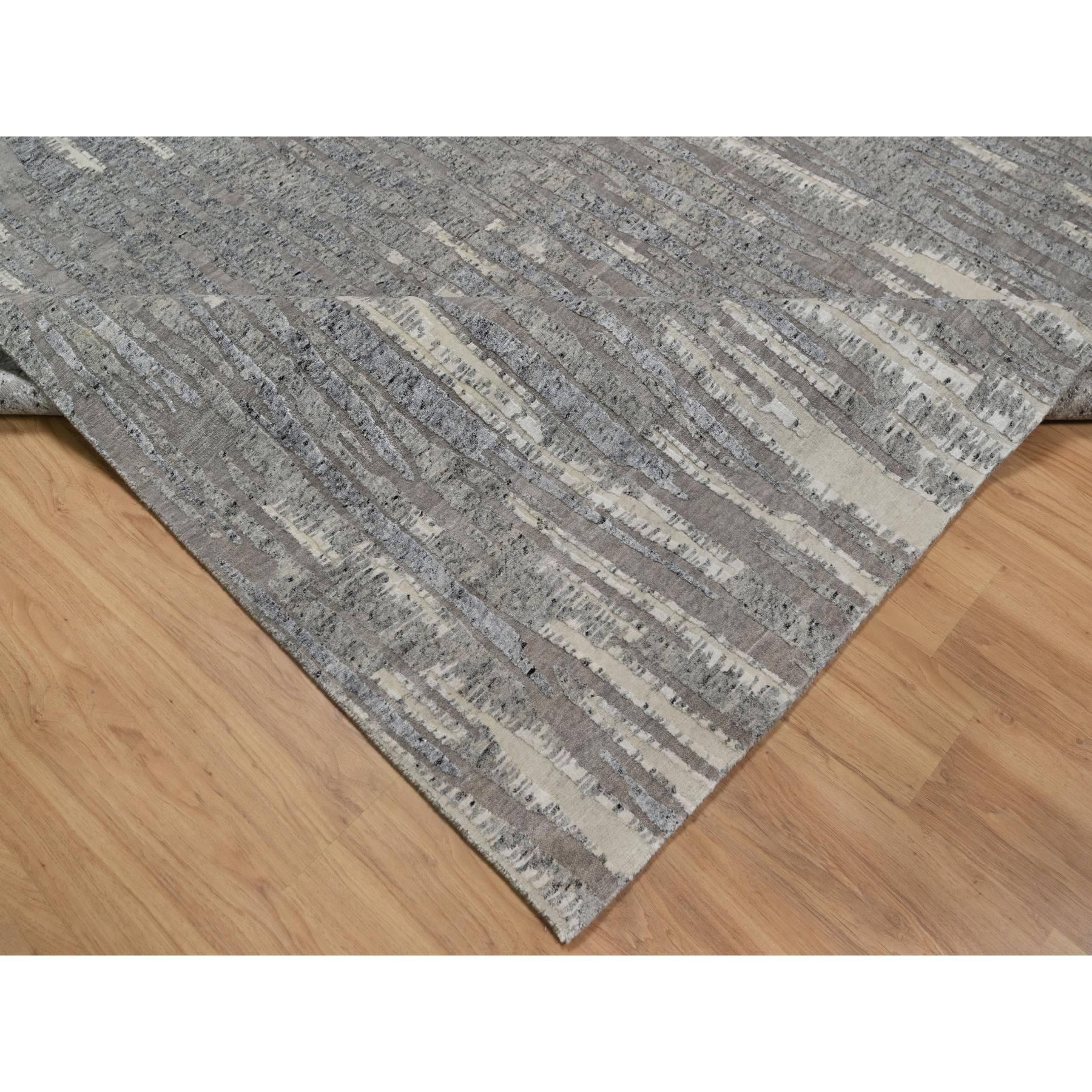 8'1"x10'2" Dove Gray, Nepali Weave with Line Design, Natural Undyed Textured Wool, Hand Knotted, Oriental Rug Sh91429