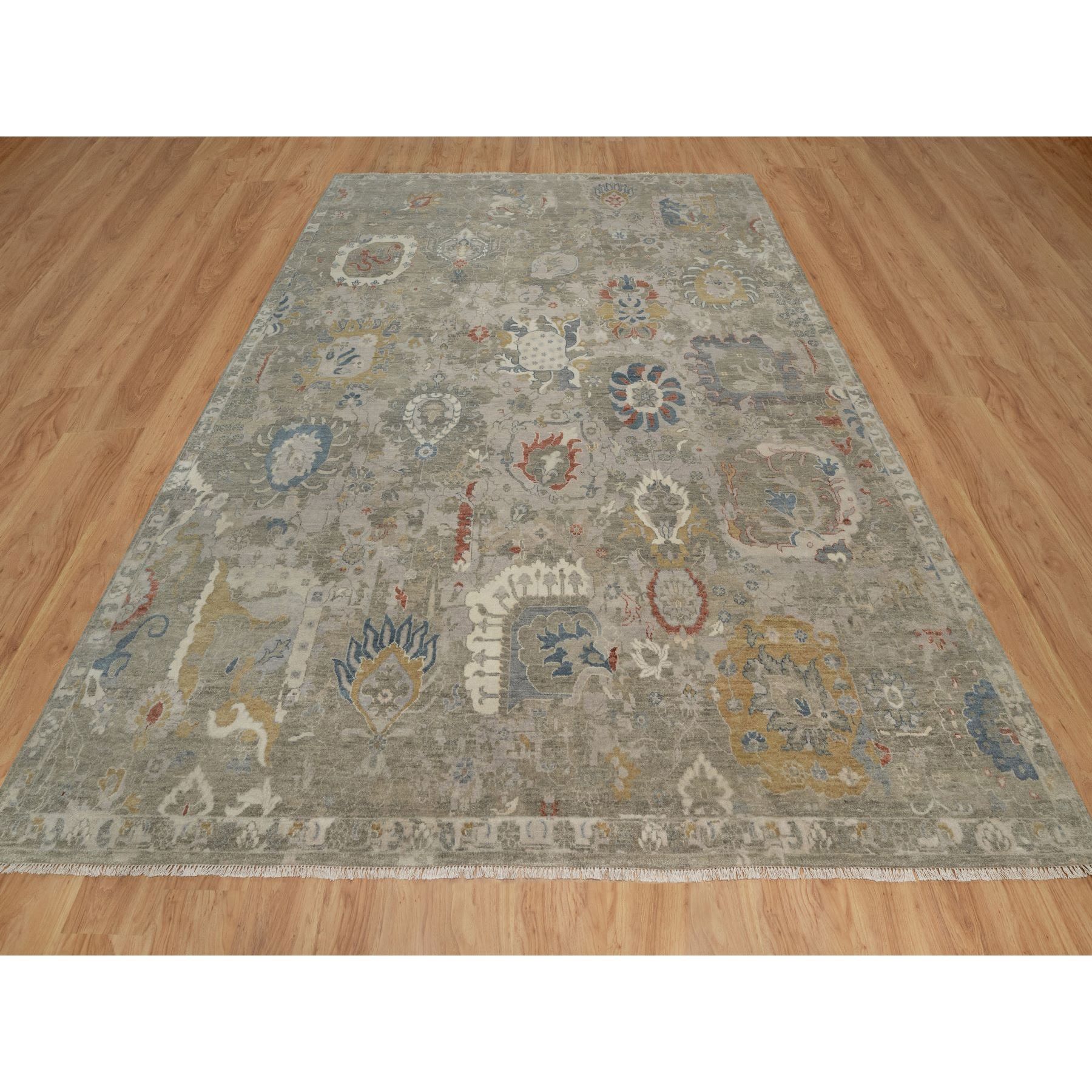 9'x12'1" Shades of Gray, Broken Pattern with Oushak Design, 100% Wool, Hand Knotted, Borderless, Oriental Rug Sh91430