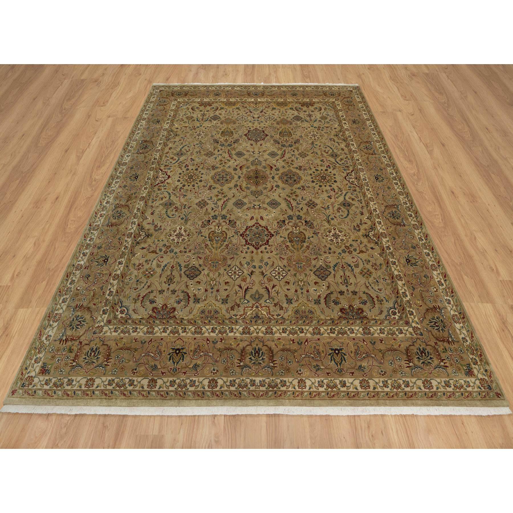 8'x10' Ecru Brown, Kashan Design, 300 KPSI, Hand Spun New Zealand Wool, Hand Knotted, Denser Weave, Oriental Rug Sh91432