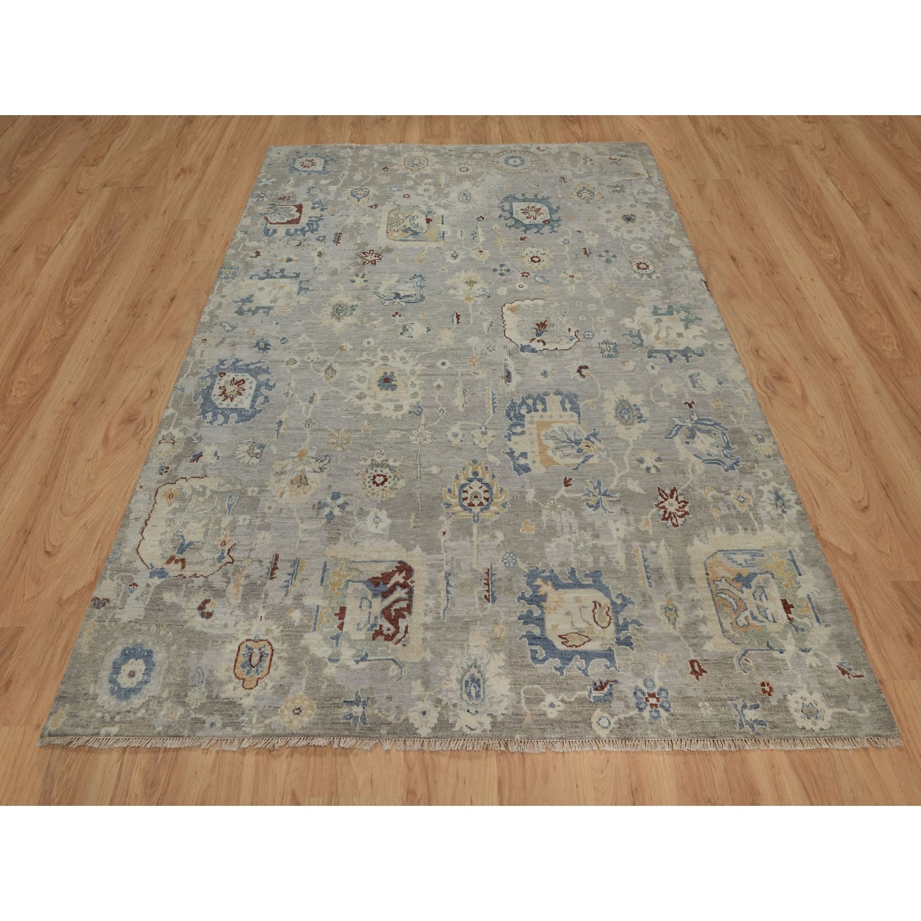 6'1"x9' Agate Gray, Oushak with Broken Pattern, Borderless, 100% Wool, Hand Knotted, Densely Woven, Oriental Rug Sh91433