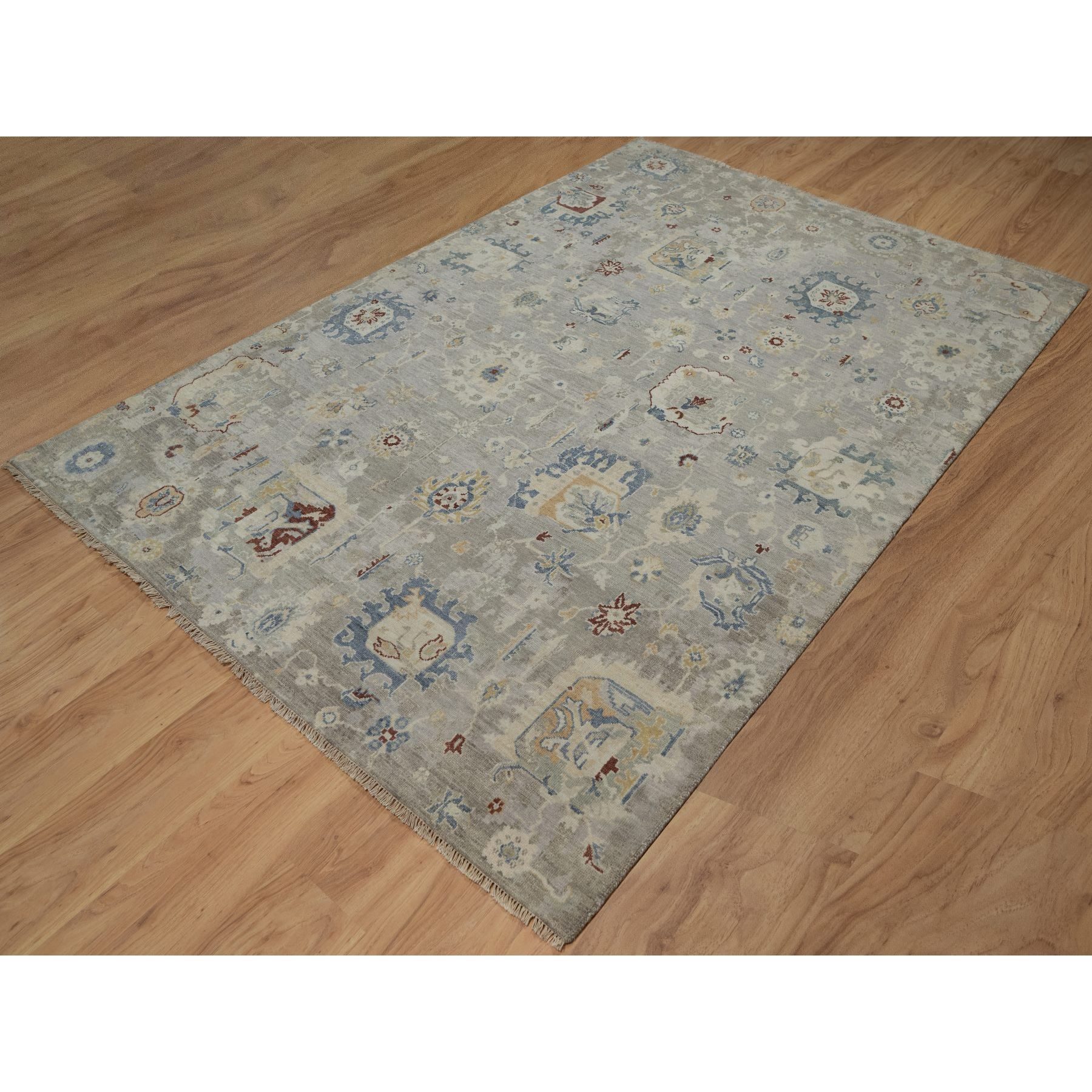 6'1"x9' Agate Gray, Oushak with Broken Pattern, Borderless, 100% Wool, Hand Knotted, Densely Woven, Oriental Rug Sh91433