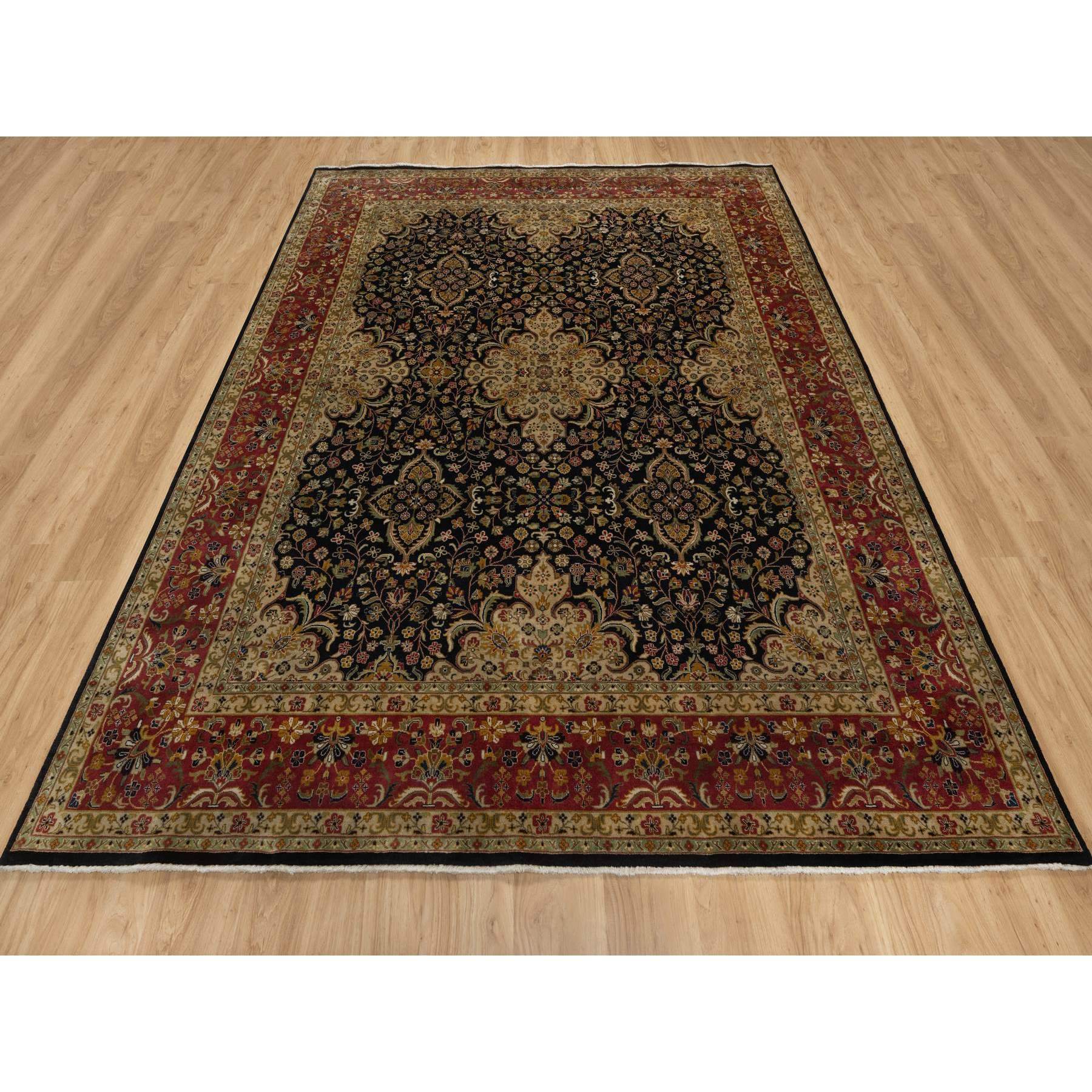 8'x9'10" Jet Black, Hand Knotted, Intricate Kashan Revival, Hand Spun New Zealand Wool, 300 KPSI, Oriental Rug Sh91434