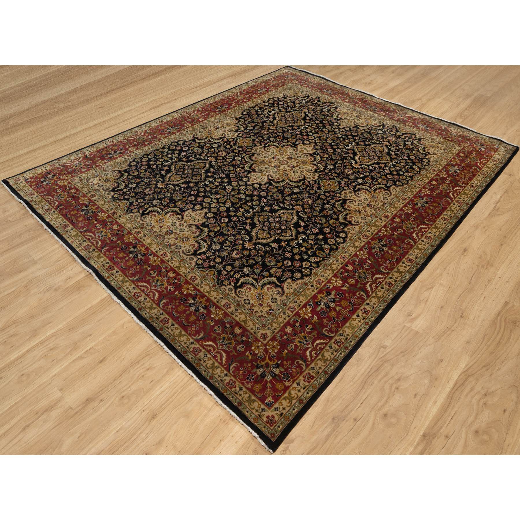 8'x9'10" Jet Black, Hand Knotted, Intricate Kashan Revival, Hand Spun New Zealand Wool, 300 KPSI, Oriental Rug Sh91434