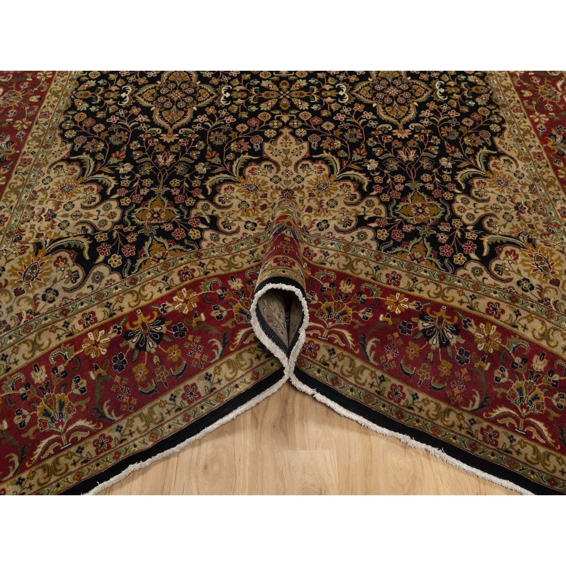 8'x9'10" Jet Black, Hand Knotted, Intricate Kashan Revival, Hand Spun New Zealand Wool, 300 KPSI, Oriental Rug Sh91434