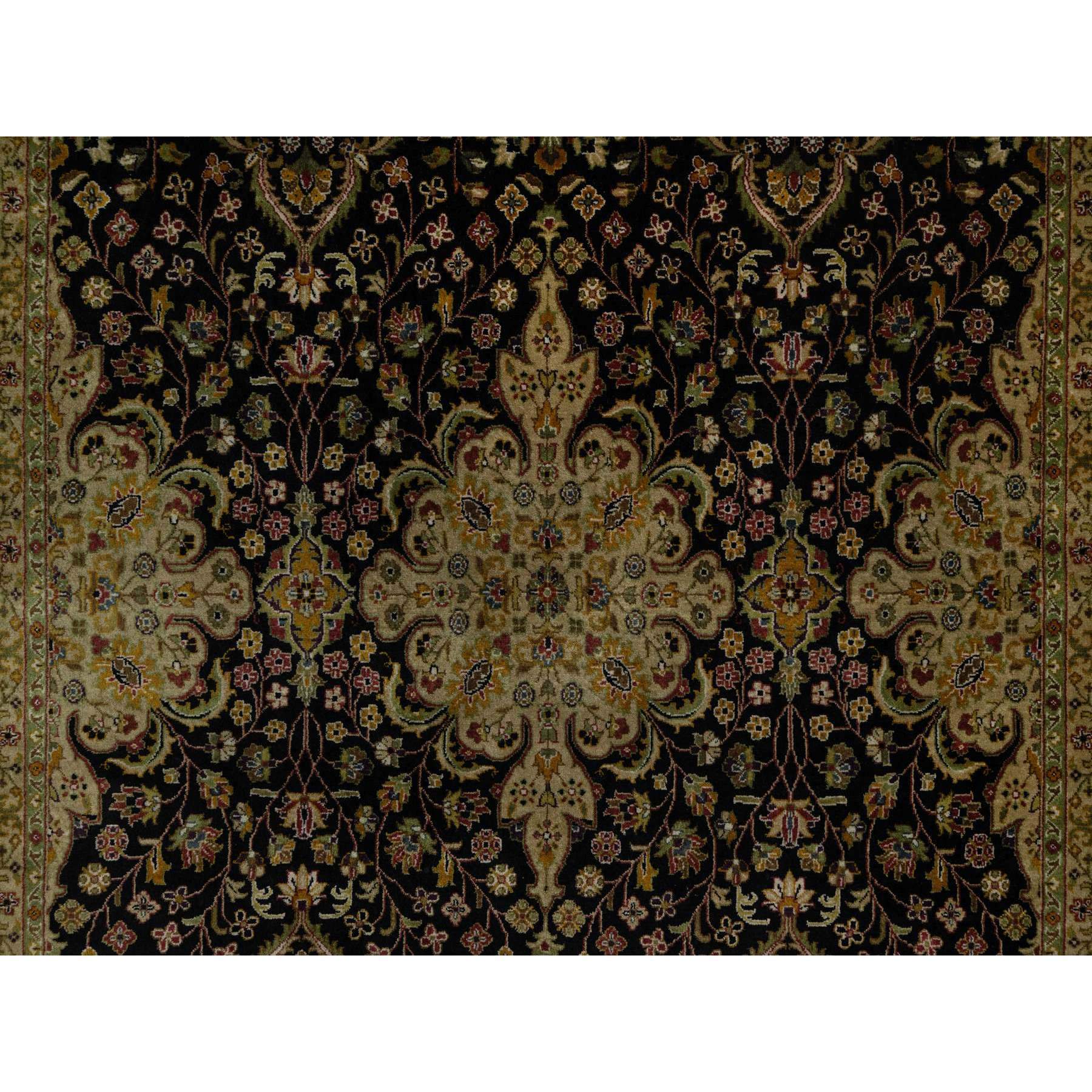 6'x9'1" Caviar Black, Intricate Kashan Revival, Hand Spun New Zealand Wool, 300 KPSI, Hand Knotted, Oriental Rug Sh91435