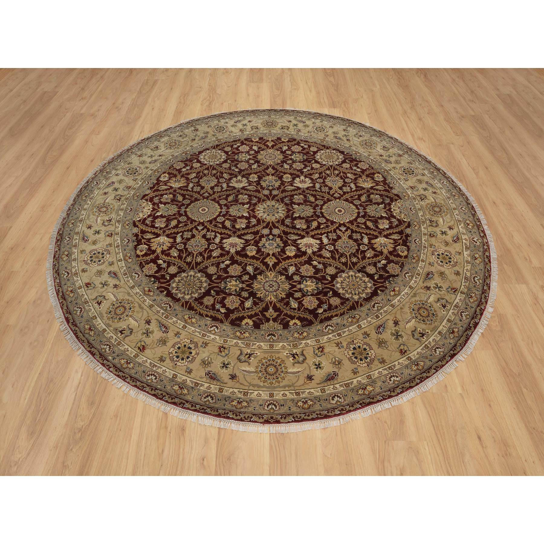 8'1"x8'1" Wine Red, Hereke with All Over Design, 300 KPSI, Wool and Silk, Hand Knotted, Round, Oriental Rug Sh91438