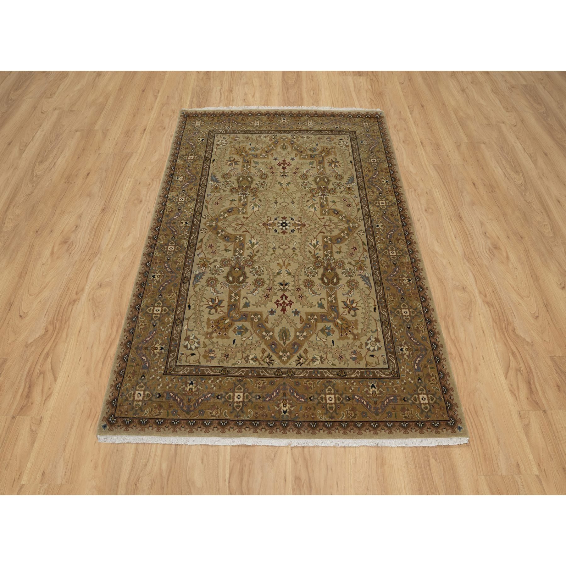 4'1"x6' Ecru Brown, Tabriz Revival, 300 KPSI, Hand Spun New Zealand Wool and Silk, Denser Weave, Hand Knotted, Thick and Plush, Oriental Rug Sh91439