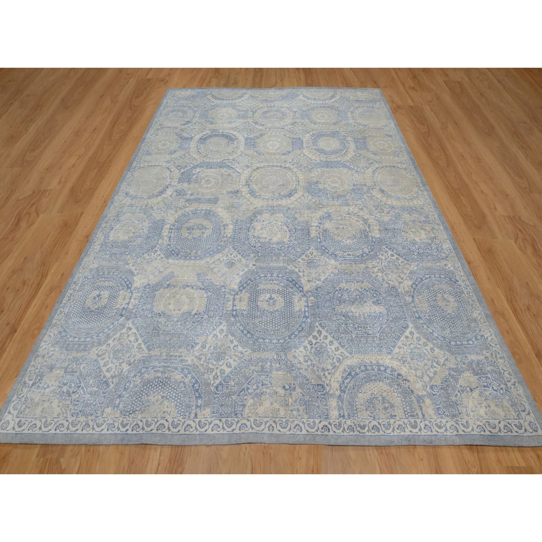9'x11'9" Parchment White with Blue, Pure Natural Linen, Mamluk Design, Soft and Silky Feel, Broken and Erased All Over Medallions Pattern, Hand Knotted, Oriental Rug Sh91440