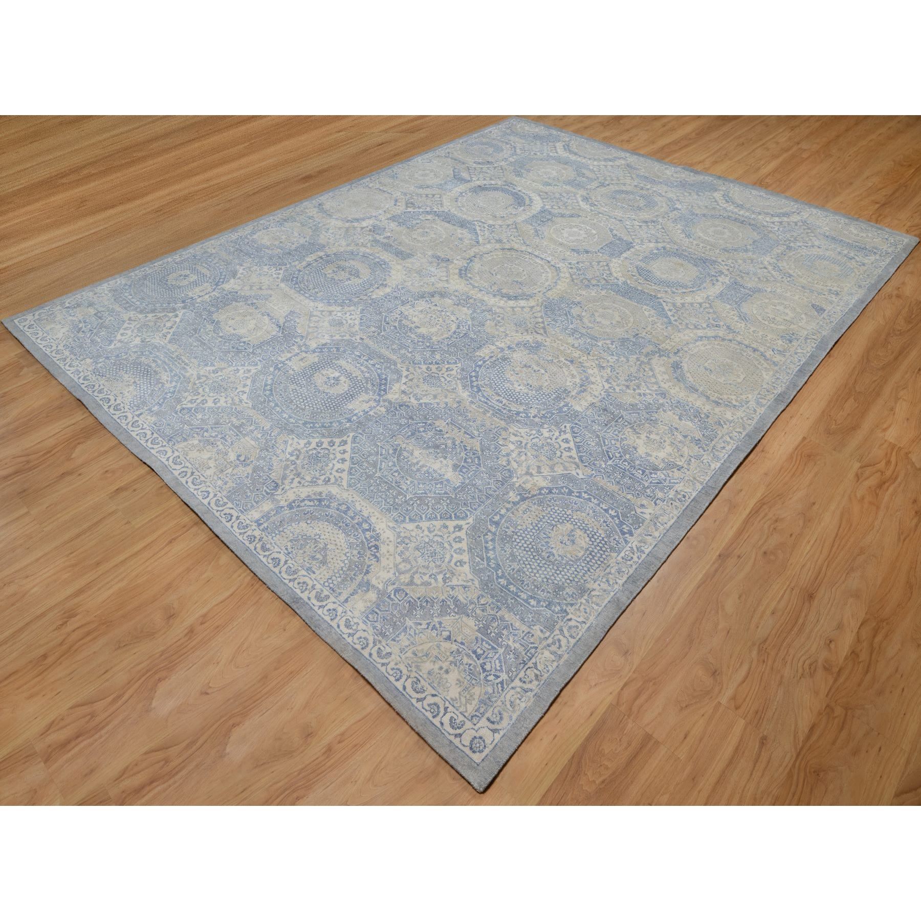 9'x11'9" Parchment White with Blue, Pure Natural Linen, Mamluk Design, Soft and Silky Feel, Broken and Erased All Over Medallions Pattern, Hand Knotted, Oriental Rug Sh91440