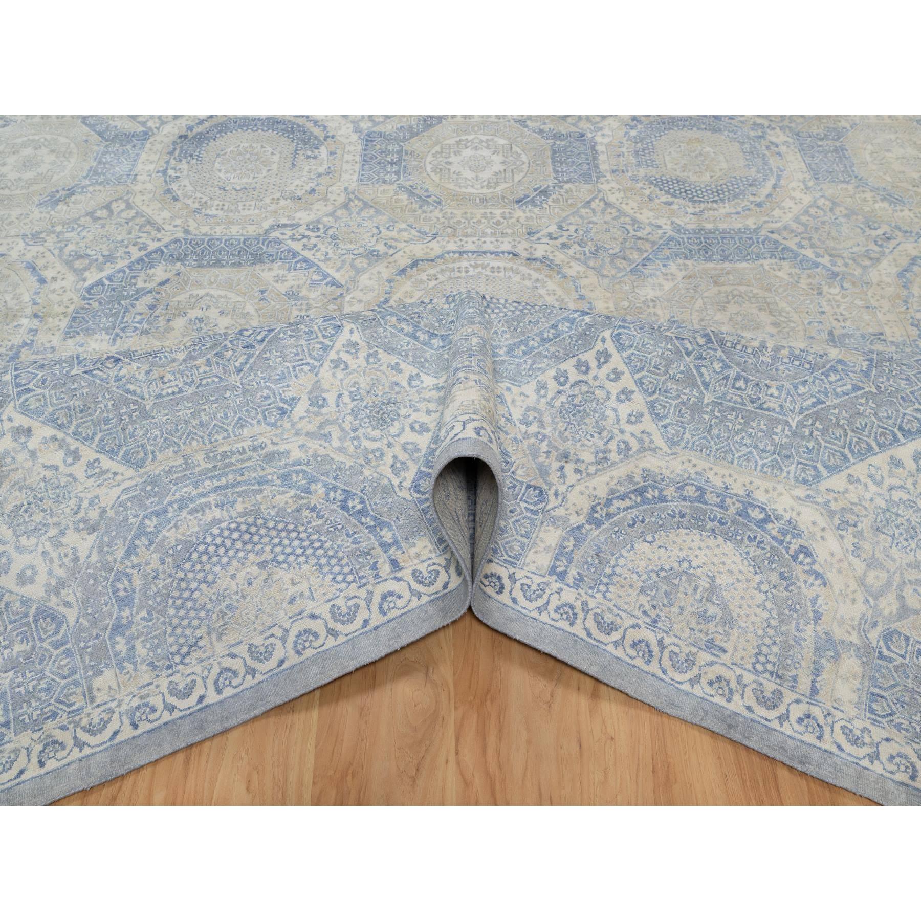 9'x11'9" Parchment White with Blue, Pure Natural Linen, Mamluk Design, Soft and Silky Feel, Broken and Erased All Over Medallions Pattern, Hand Knotted, Oriental Rug Sh91440