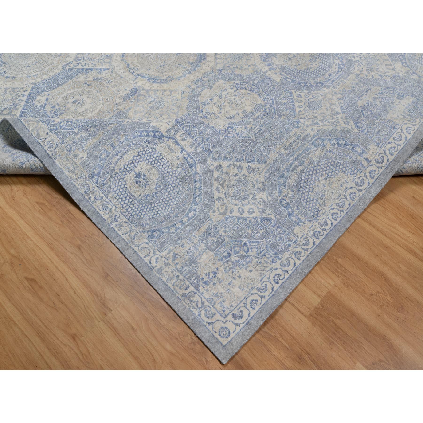 9'x11'9" Parchment White with Blue, Pure Natural Linen, Mamluk Design, Soft and Silky Feel, Broken and Erased All Over Medallions Pattern, Hand Knotted, Oriental Rug Sh91440