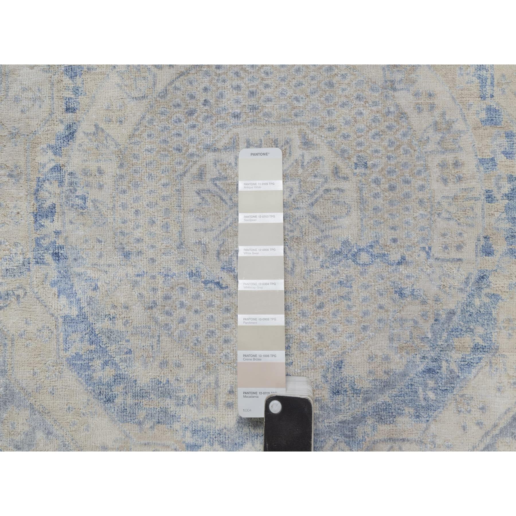9'x11'9" Parchment White with Blue, Pure Natural Linen, Mamluk Design, Soft and Silky Feel, Broken and Erased All Over Medallions Pattern, Hand Knotted, Oriental Rug Sh91440