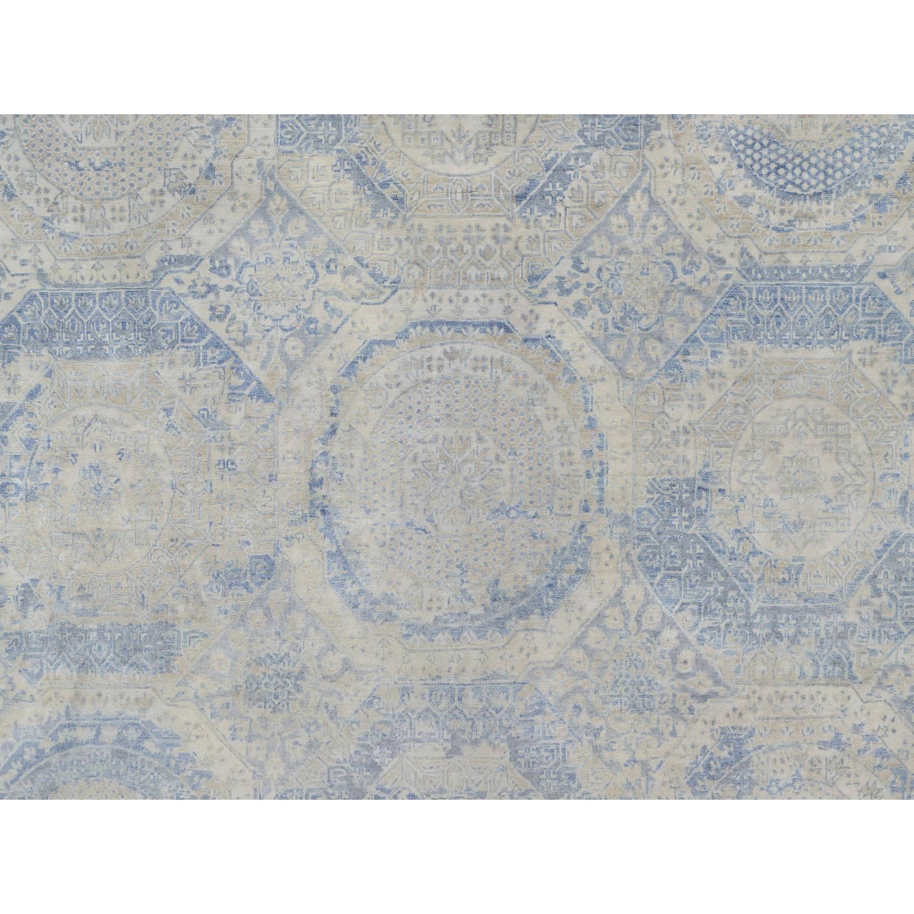 9'x11'9" Parchment White with Blue, Pure Natural Linen, Mamluk Design, Soft and Silky Feel, Broken and Erased All Over Medallions Pattern, Hand Knotted, Oriental Rug Sh91440