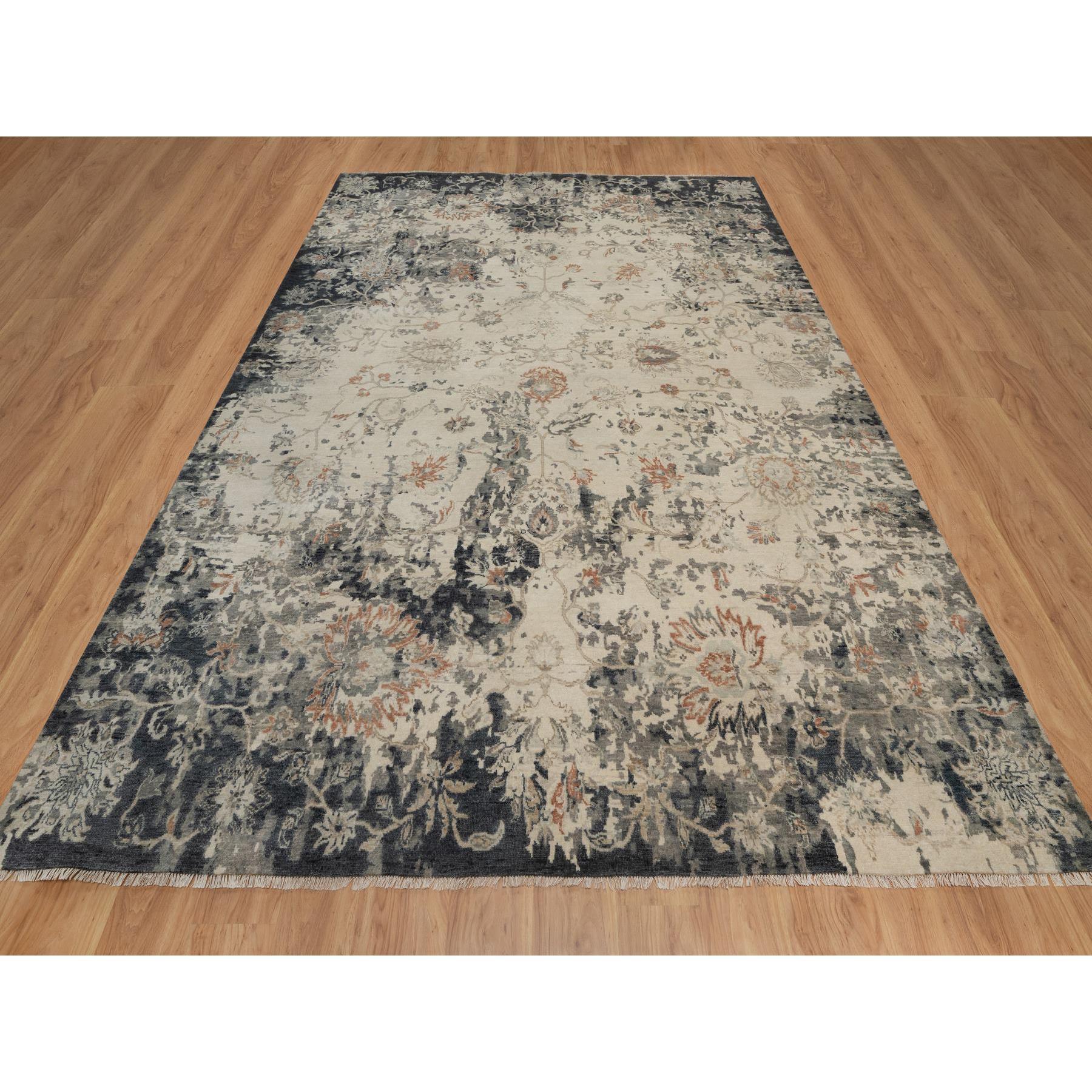 9'x12'2" Charcoal Black and Ivory, Agra Design with Botanical Influence Broken and Erased Pattern, Hand Knotted, Pure Wool, Oriental Rug Sh91441