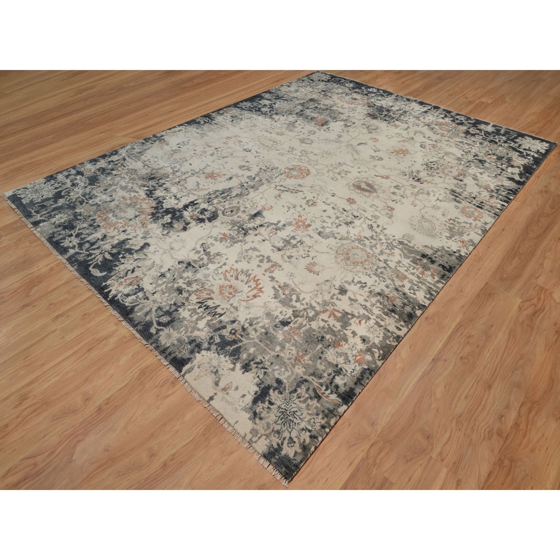 9'x12'2" Charcoal Black and Ivory, Agra Design with Botanical Influence Broken and Erased Pattern, Hand Knotted, Pure Wool, Oriental Rug Sh91441