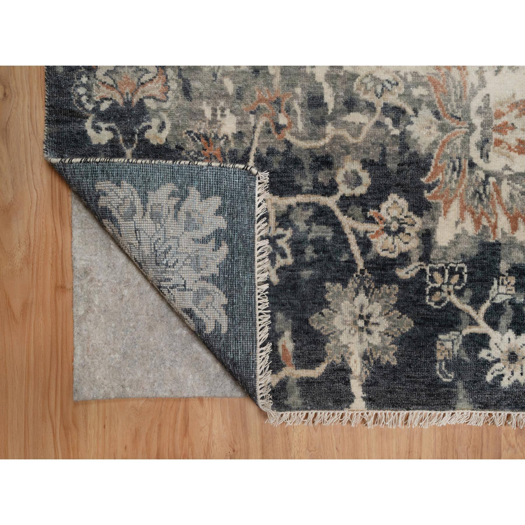 9'x12'2" Charcoal Black and Ivory, Agra Design with Botanical Influence Broken and Erased Pattern, Hand Knotted, Pure Wool, Oriental Rug Sh91441