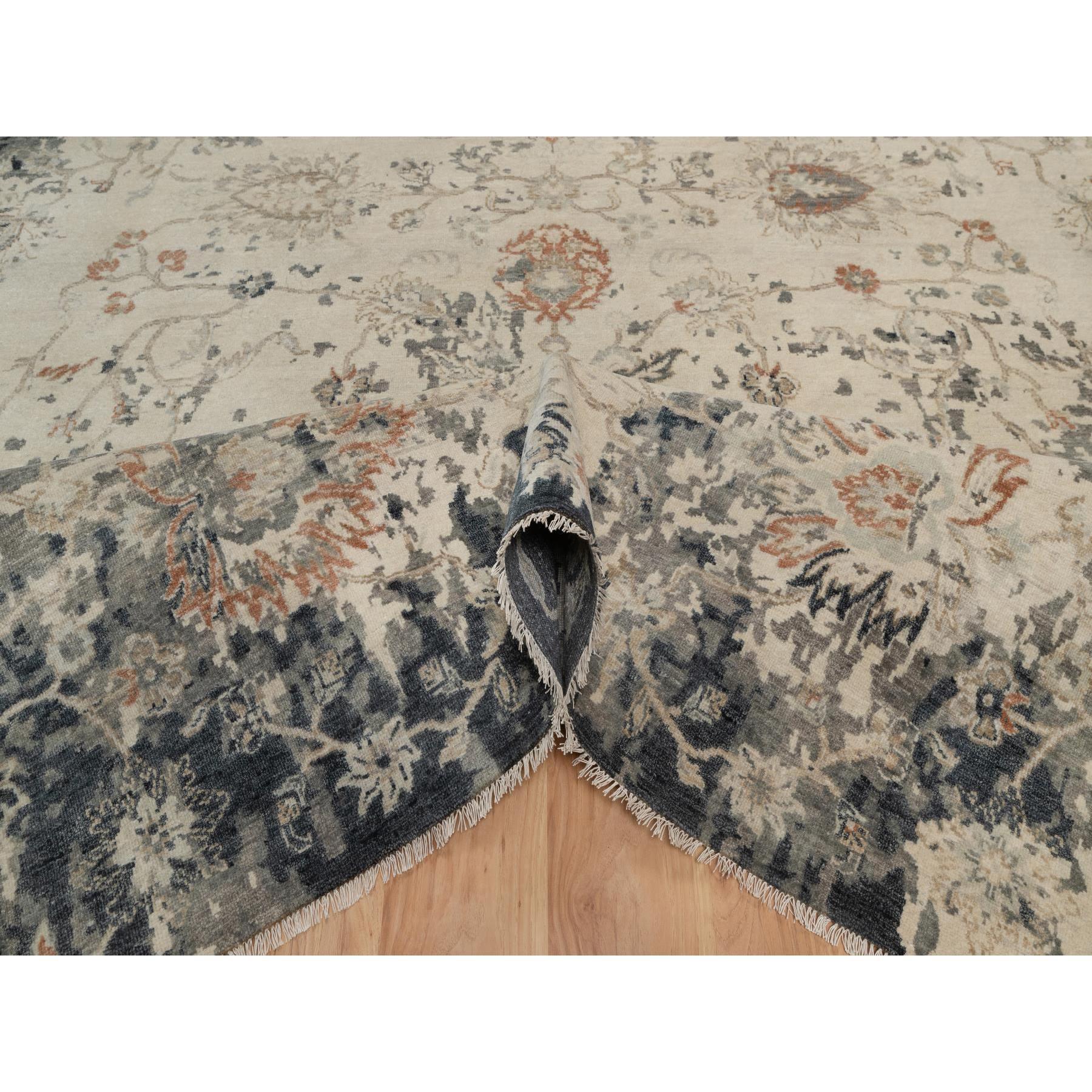 9'x12'2" Charcoal Black and Ivory, Agra Design with Botanical Influence Broken and Erased Pattern, Hand Knotted, Pure Wool, Oriental Rug Sh91441