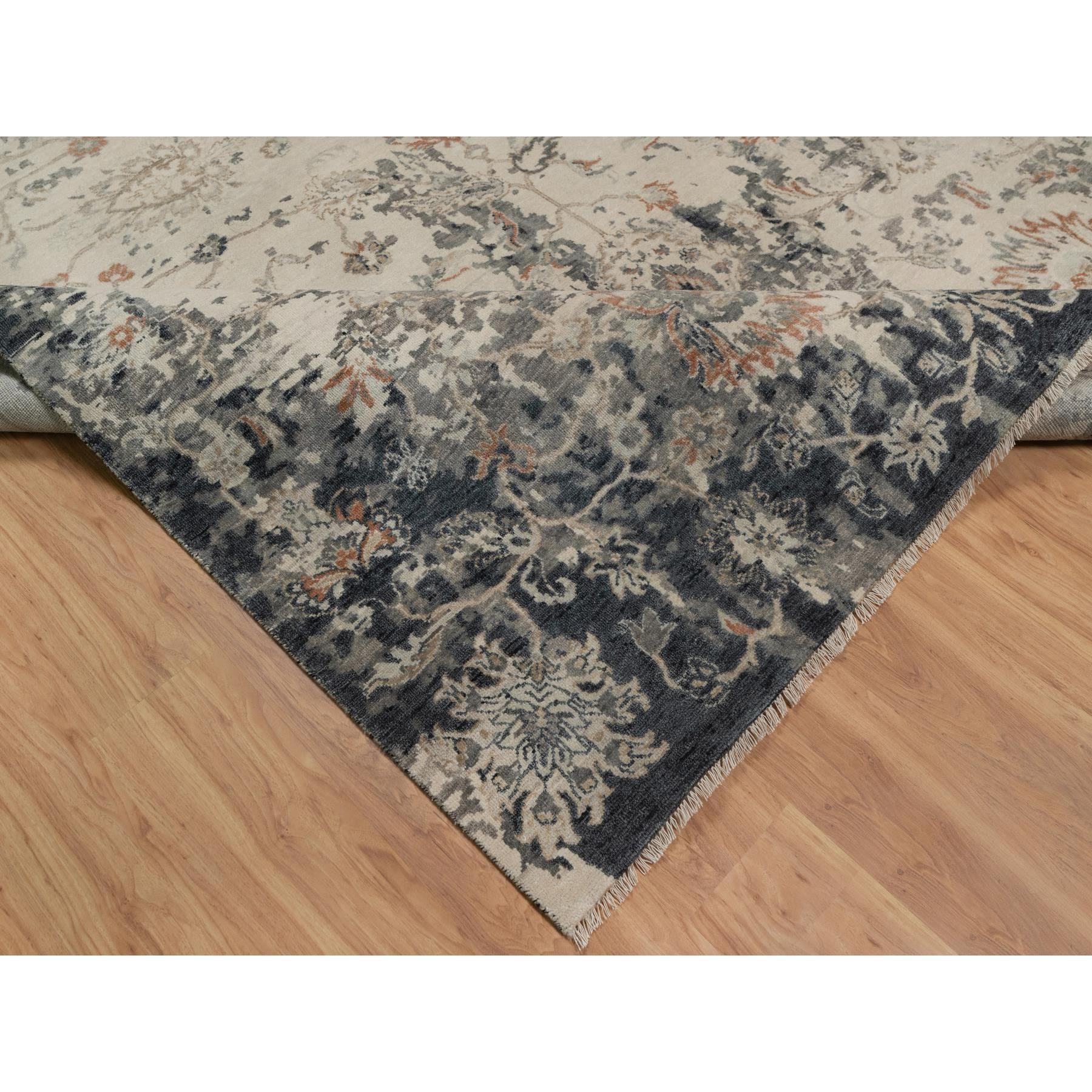 9'x12'2" Charcoal Black and Ivory, Agra Design with Botanical Influence Broken and Erased Pattern, Hand Knotted, Pure Wool, Oriental Rug Sh91441