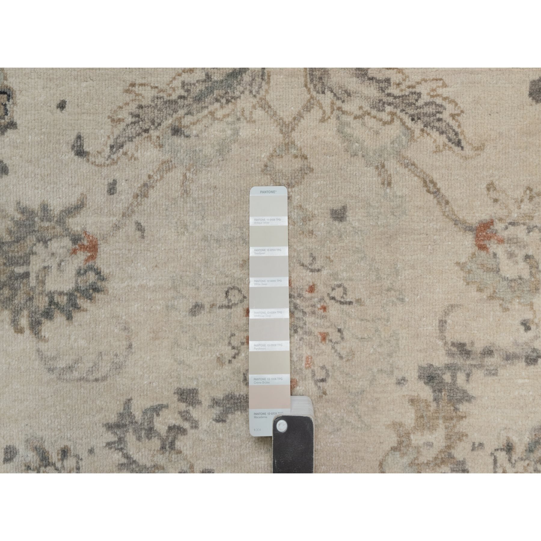 9'x12'2" Charcoal Black and Ivory, Agra Design with Botanical Influence Broken and Erased Pattern, Hand Knotted, Pure Wool, Oriental Rug Sh91441