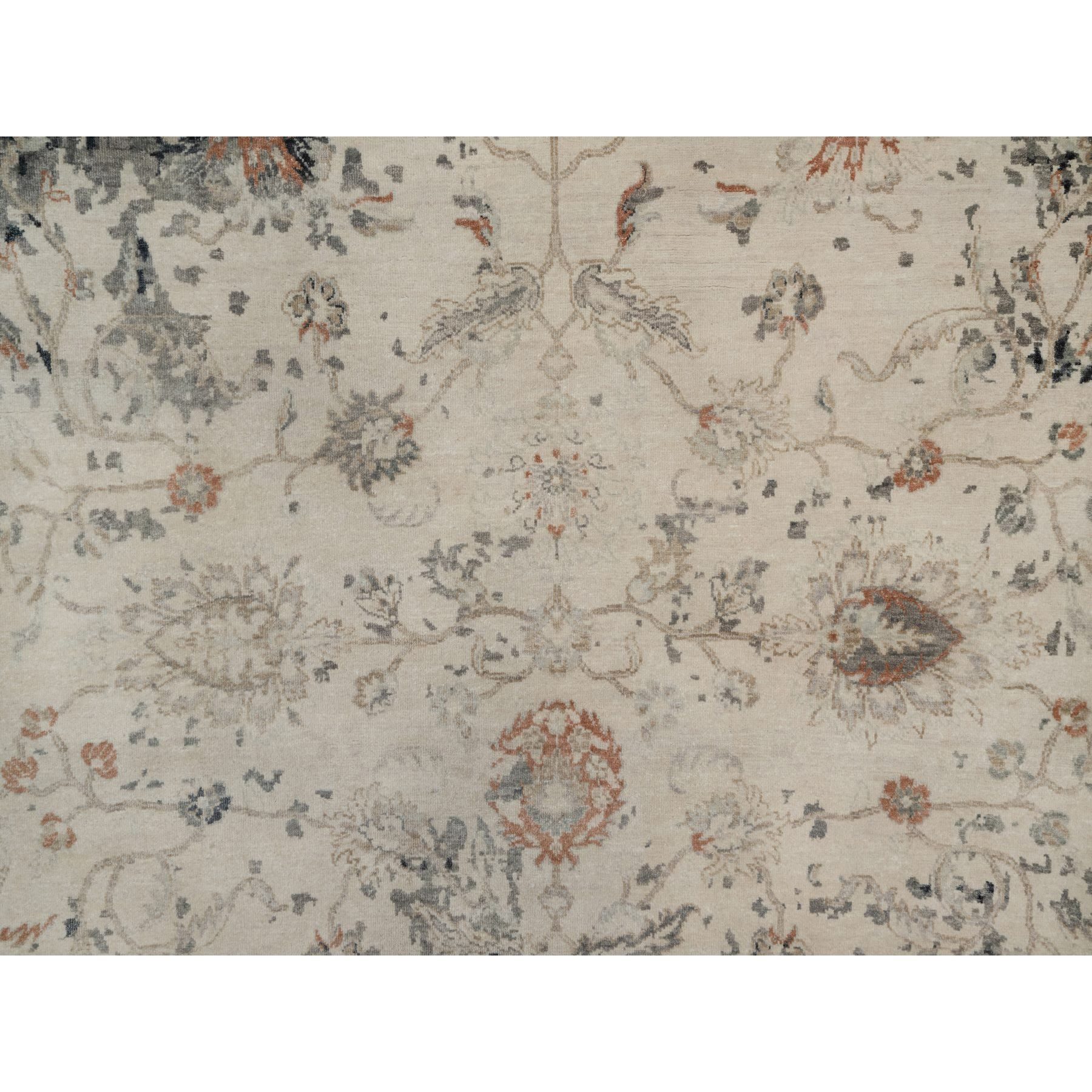 9'x12'2" Charcoal Black and Ivory, Agra Design with Botanical Influence Broken and Erased Pattern, Hand Knotted, Pure Wool, Oriental Rug Sh91441