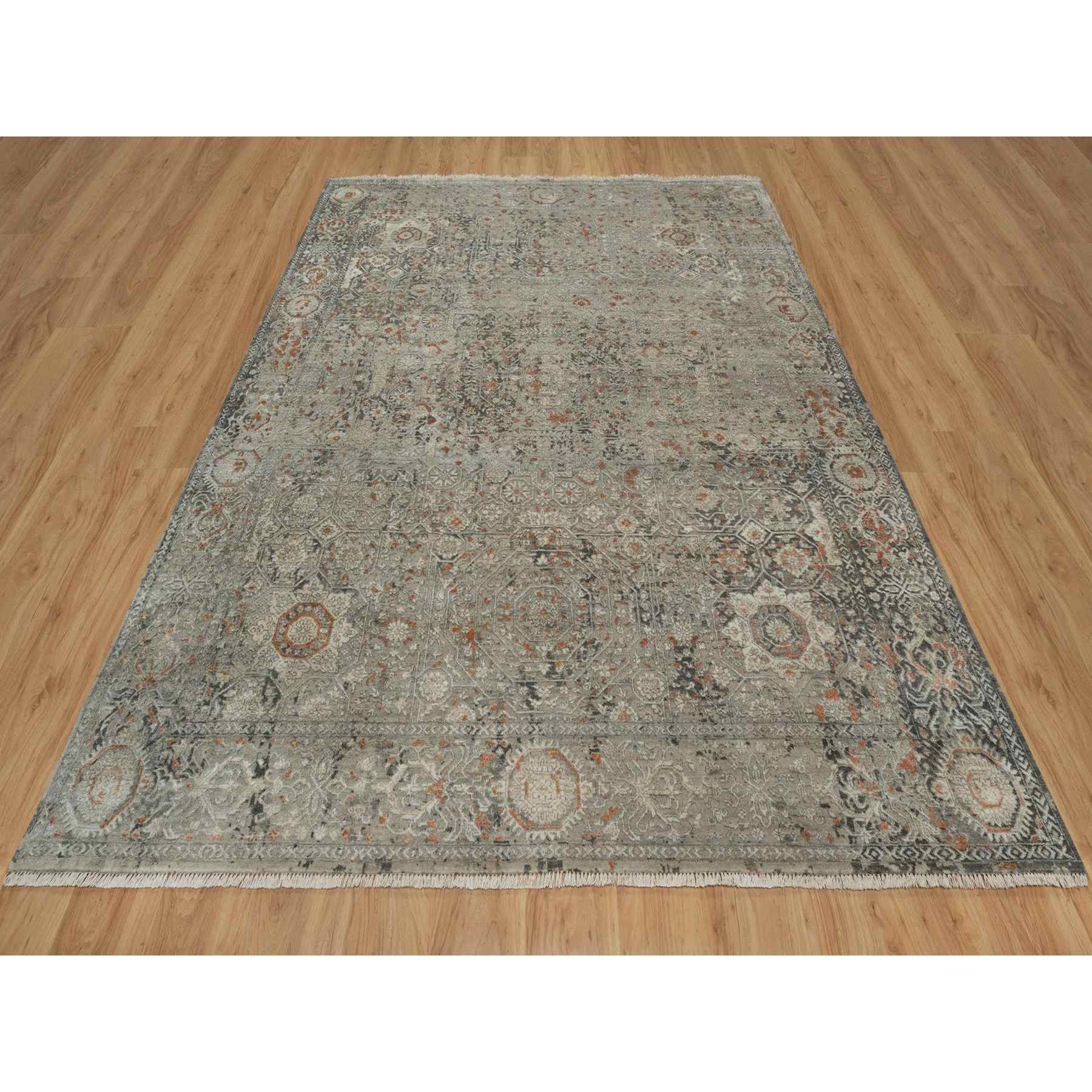 7'9"x10' Stone Gray, Broken and Erased Mamluk Design, Hand Knotted, 100% Wool, Densely Woven, Oriental Rug Sh91442