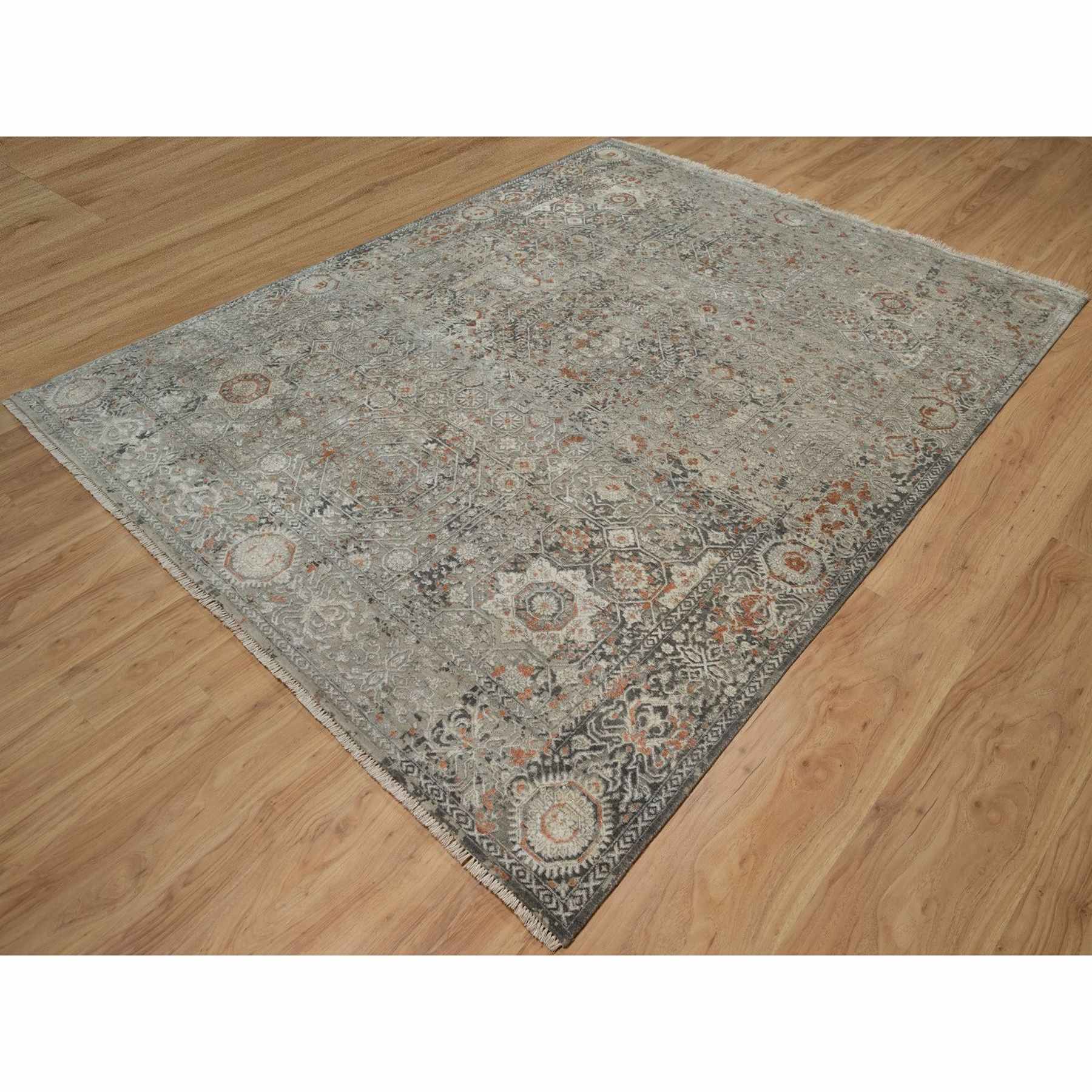 7'9"x10' Stone Gray, Broken and Erased Mamluk Design, Hand Knotted, 100% Wool, Densely Woven, Oriental Rug Sh91442