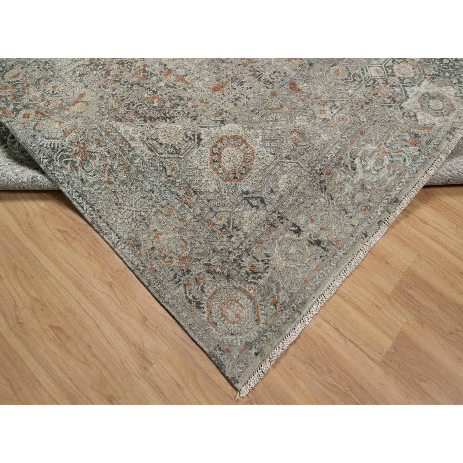 7'9"x10' Stone Gray, Broken and Erased Mamluk Design, Hand Knotted, 100% Wool, Densely Woven, Oriental Rug Sh91442